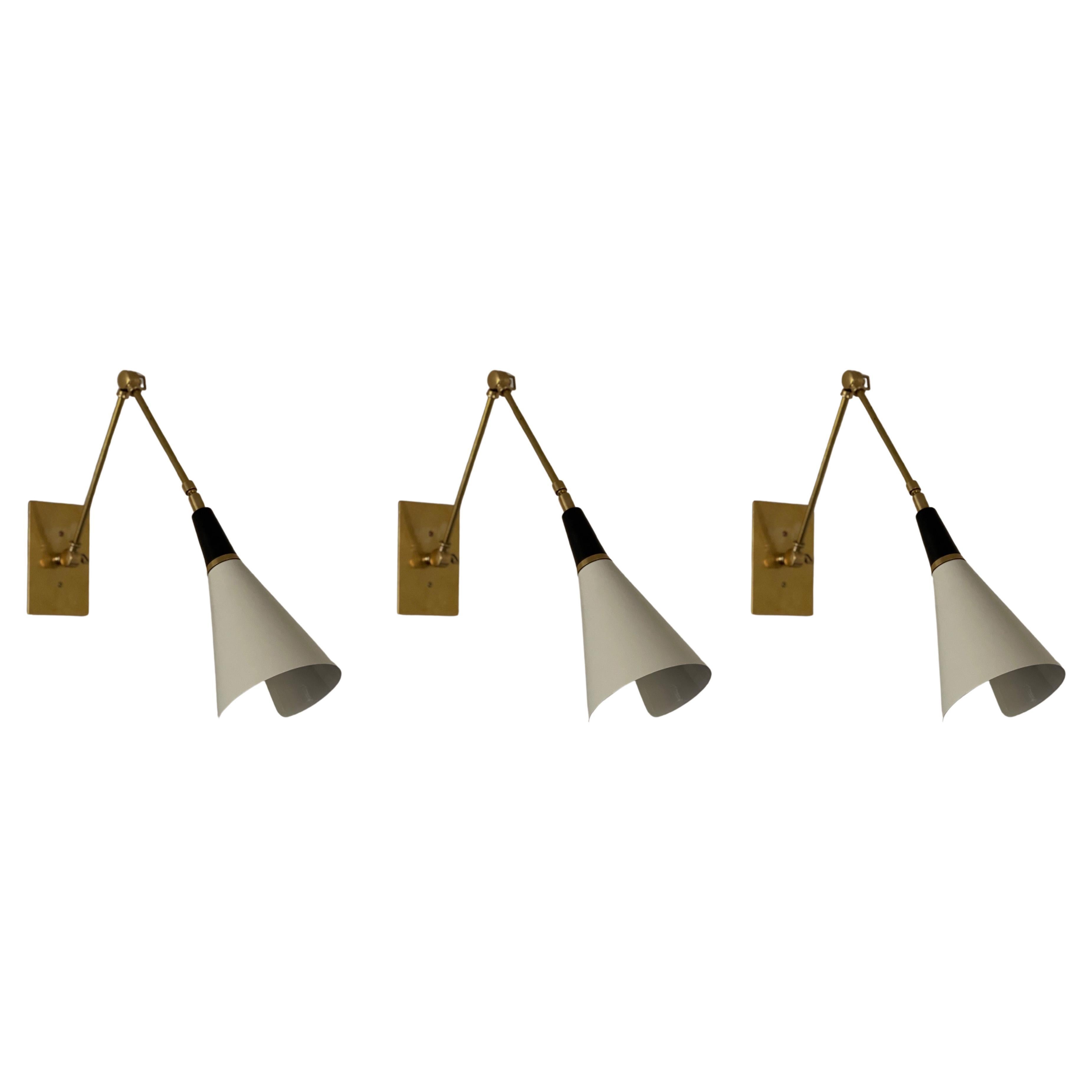 Set of 3 Stilnovo style Magari Kitchen Wall Lamps in Bronze, White and Brass For Sale