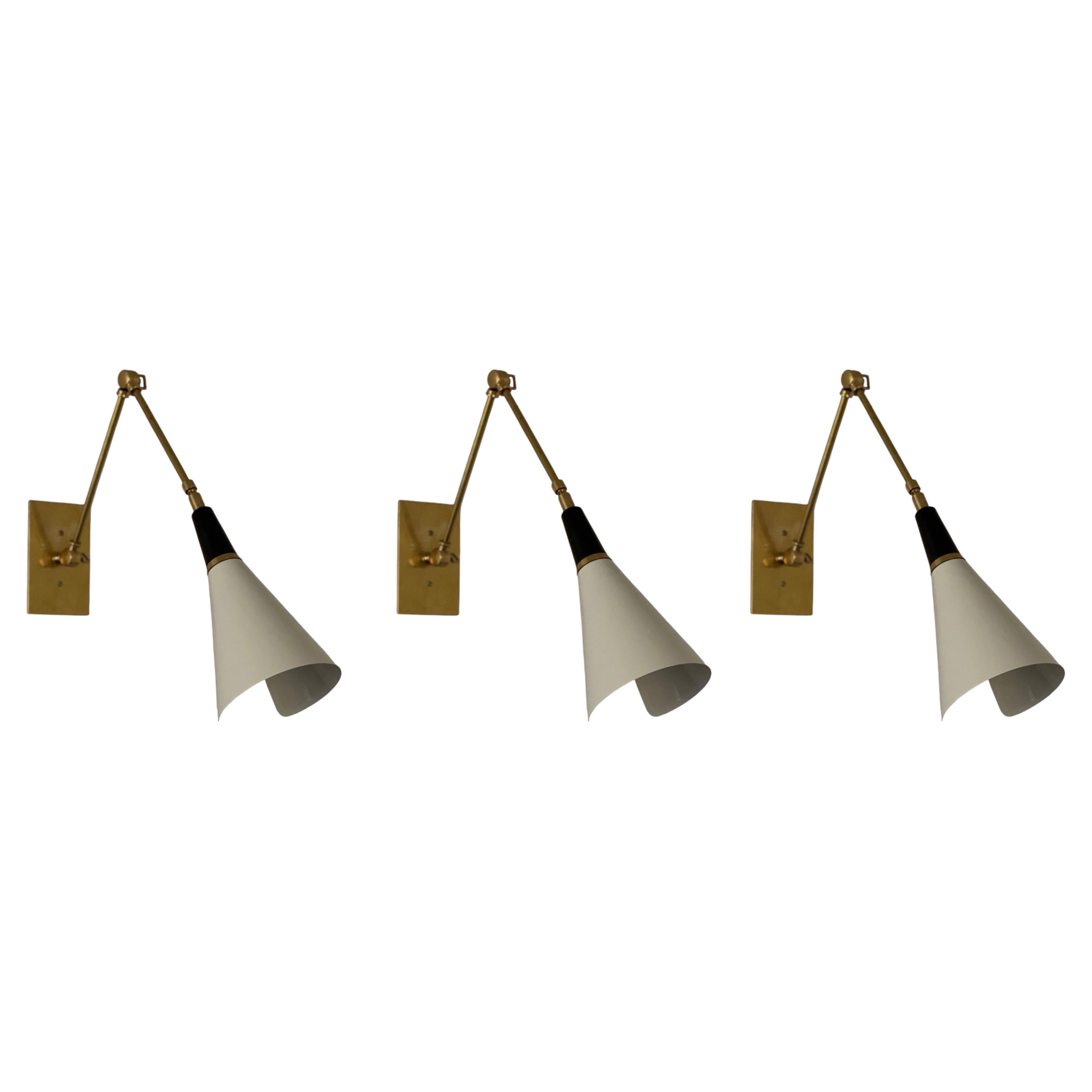 Set of 3 Stilnovo style Magari Kitchen Wall Lamps in Bronze, White and Brass For Sale