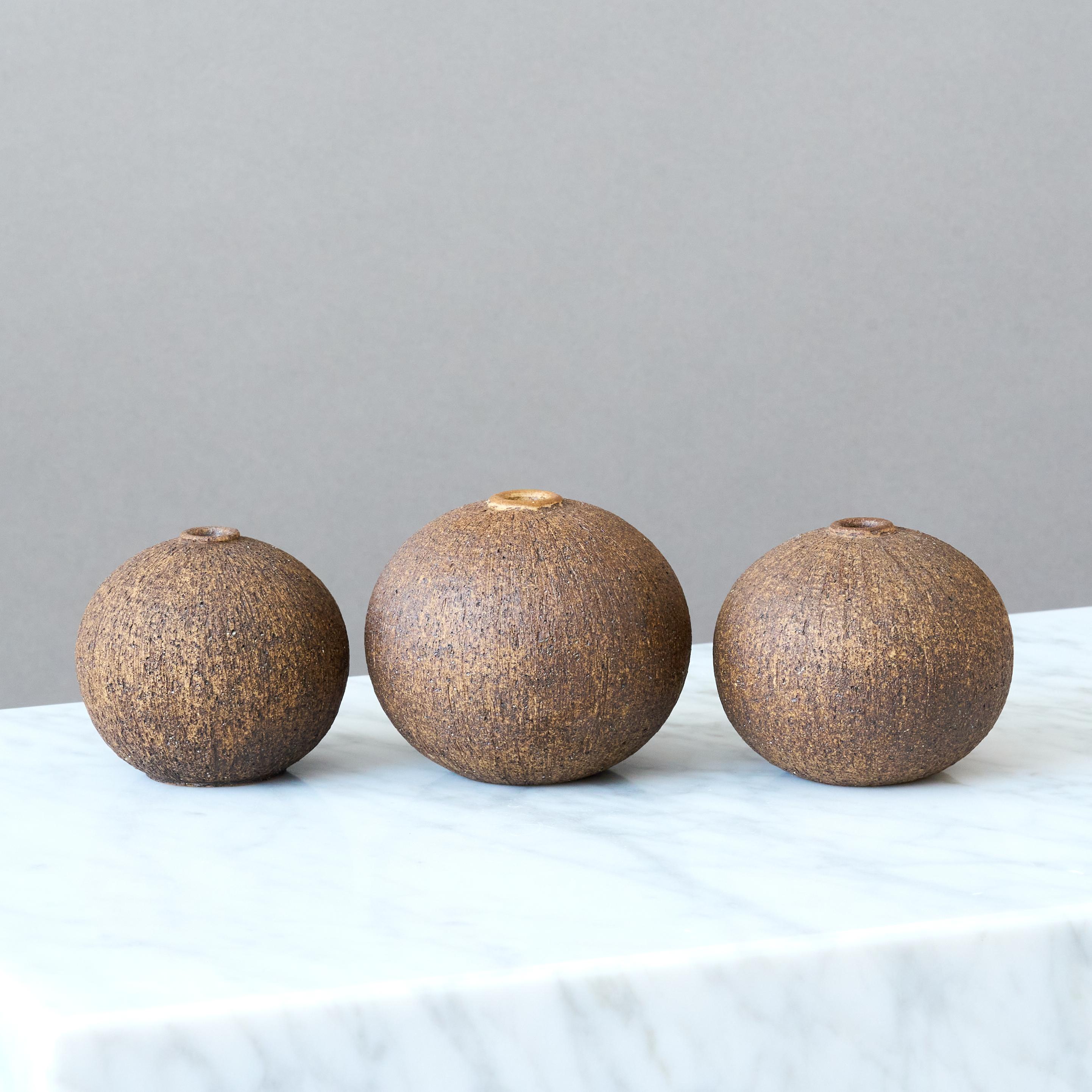 Glazed Set of 3 Stoneware Globe Vases by Nils Allan Johannesson, Sweden, 1960s. For Sale