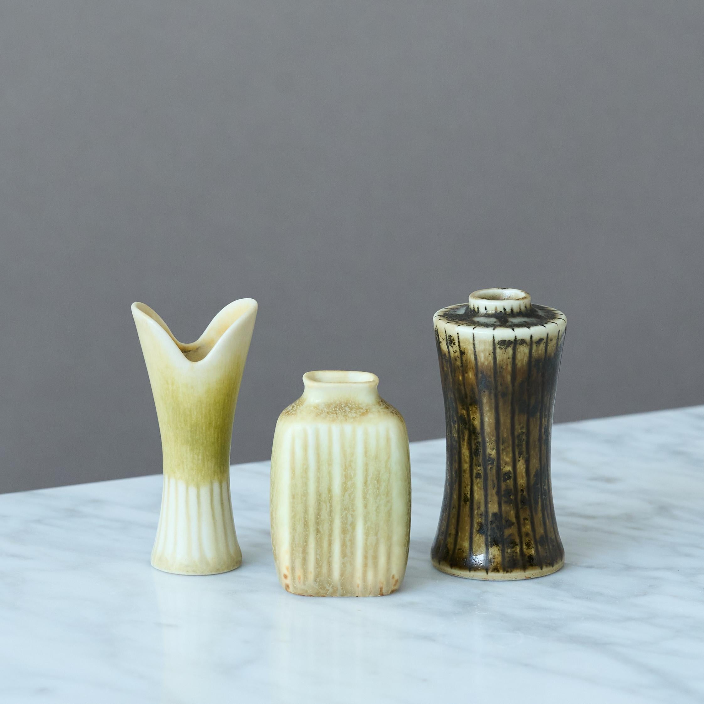 Scandinavian Modern Set of 3 Stoneware Miniature Vases by Nylund & Stålhane. Rörstrand, Sweden 1950s For Sale