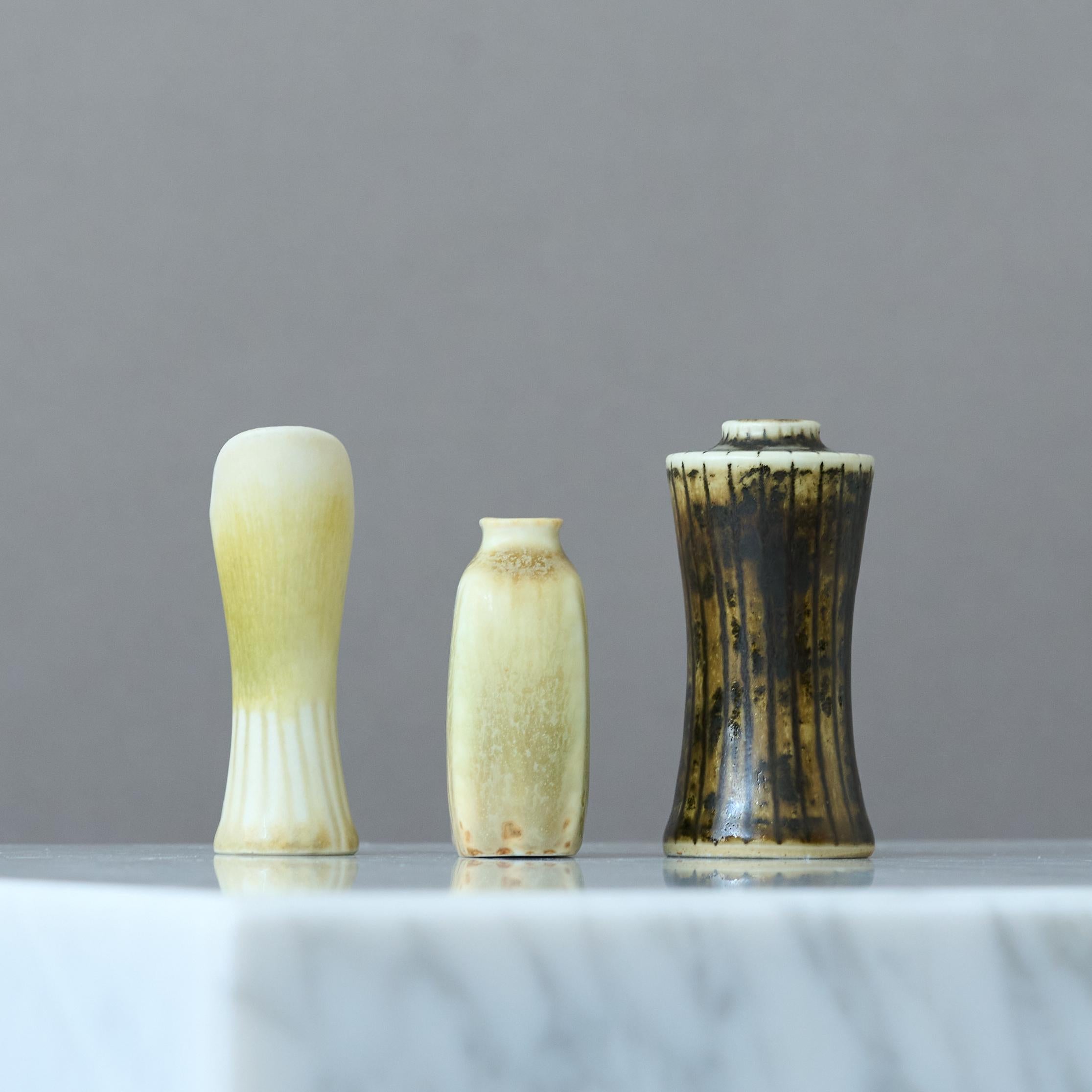 Glazed Set of 3 Stoneware Miniature Vases by Nylund & Stålhane. Rörstrand, Sweden 1950s For Sale