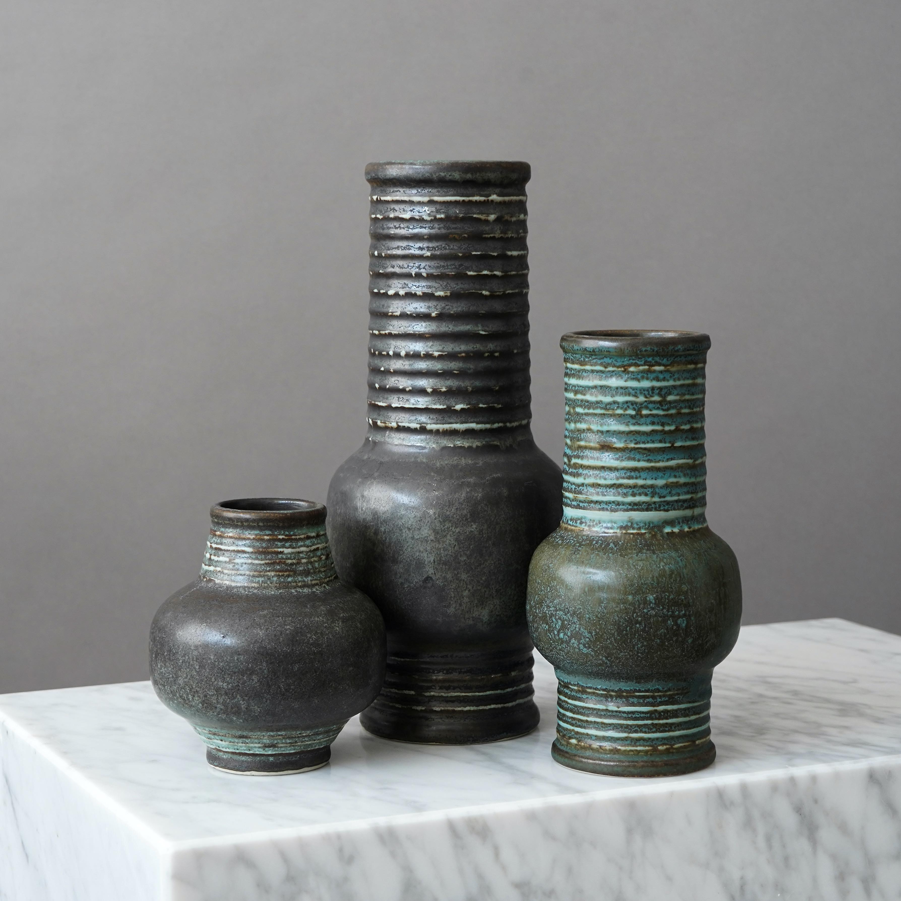 Swedish Set of 3 Stoneware Vases by Gunnar Nylund for Rorstrand, Sweden, 1960s For Sale