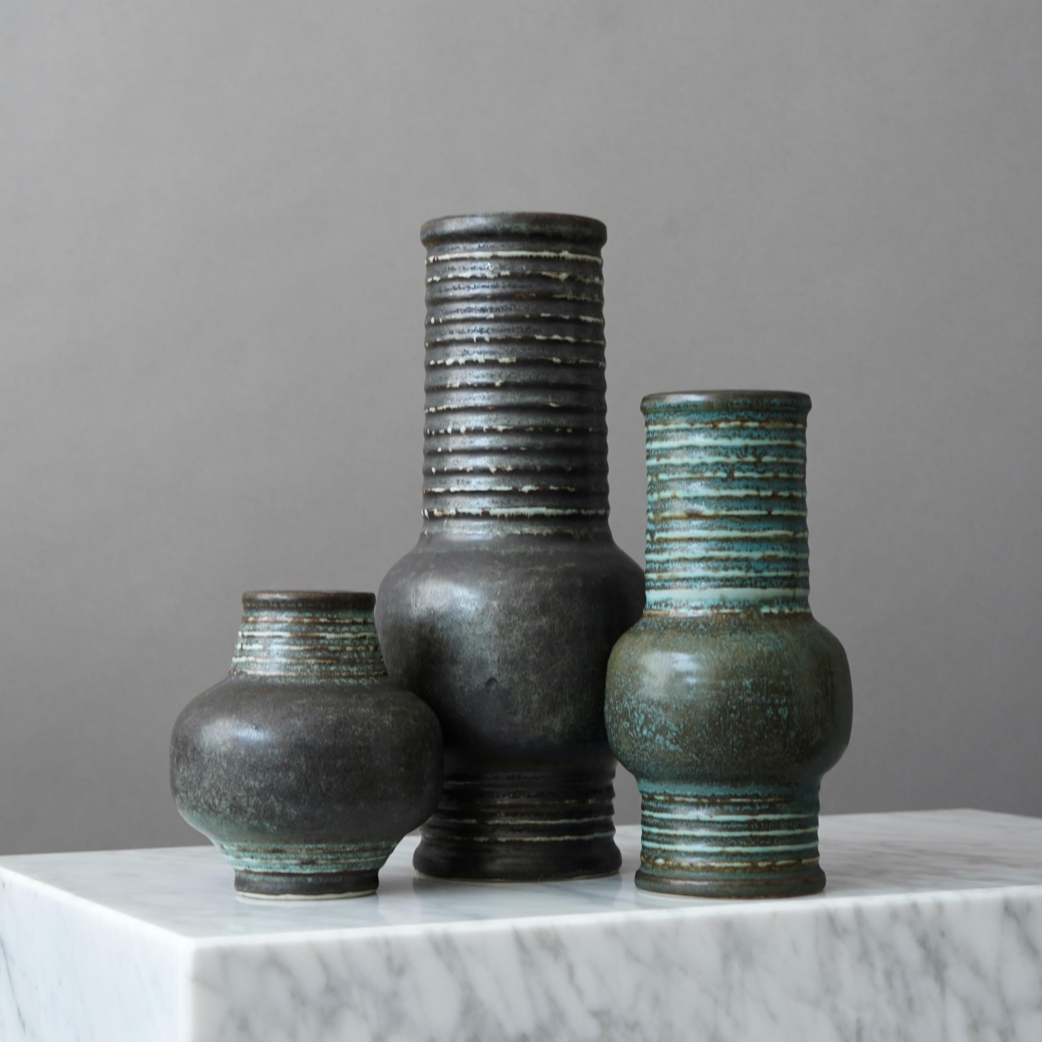 Glazed Set of 3 Stoneware Vases by Gunnar Nylund for Rorstrand, Sweden, 1960s For Sale