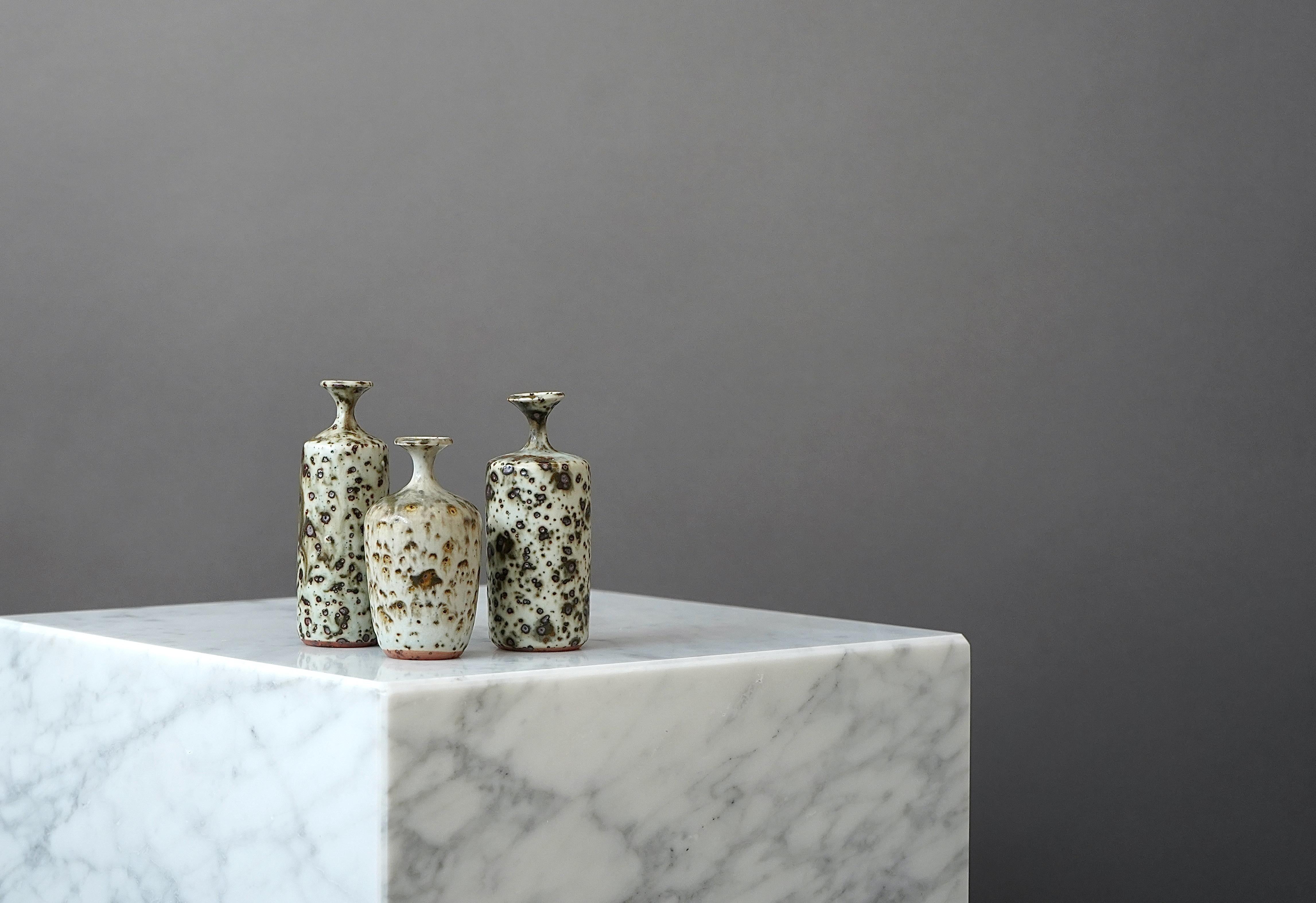 Turned Set of 3 Stoneware Vases by Swedish Ceramist Rolf Palm, 1973 For Sale