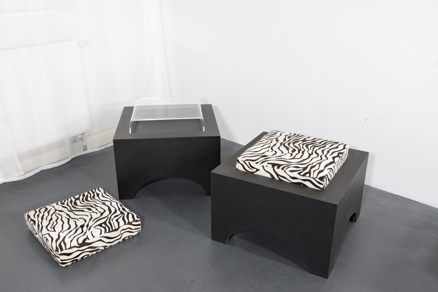 Set of 3 stool frames black MDF with 2 leather cushions and 1 acrylic table top.
The cowhide is dyed in a Zebra - Design.
This versatile seat body can be transformed into a table or stool in just a few simple steps.
The minimalist form fits