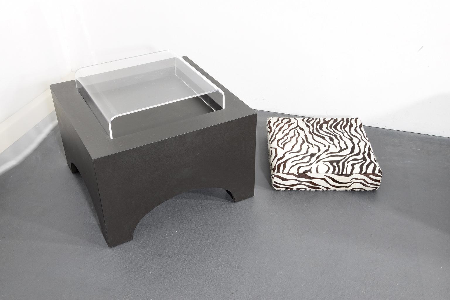 German Set of 3 Stool Frames Black MDF with 2 Leather Cushions and 1 Acrylic Table Top For Sale