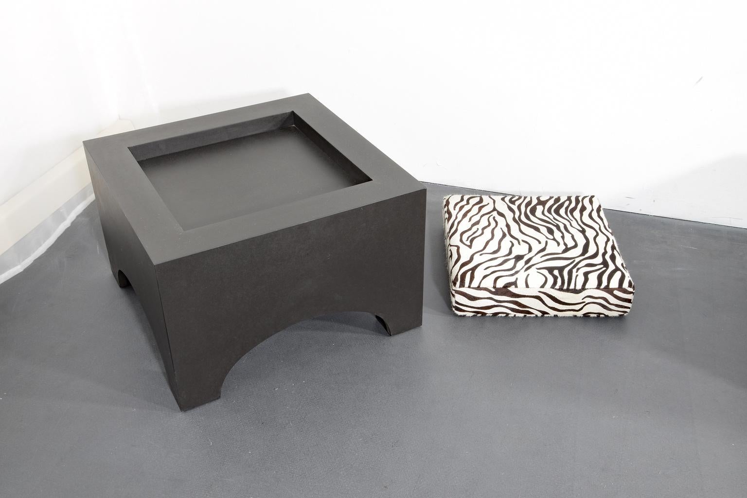 Dyed Set of 3 Stool Frames Black MDF with 2 Leather Cushions and 1 Acrylic Table Top For Sale