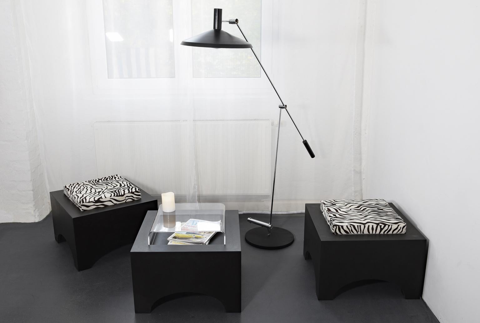 Late 20th Century Set of 3 Stool Frames Black MDF with 2 Leather Cushions and 1 Acrylic Table Top For Sale