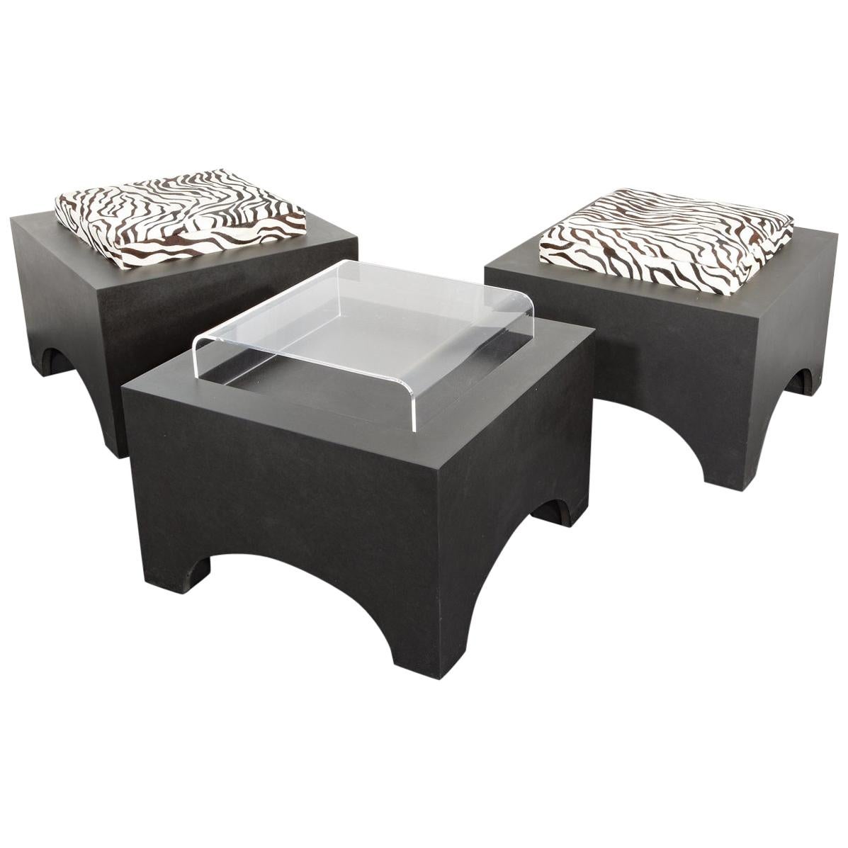 Set of 3 Stool Frames Black MDF with 2 Leather Cushions and 1 Acrylic Table Top For Sale
