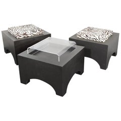 Set of 3 Stool Frames Black MDF with 2 Leather Cushions and 1 Acrylic Table Top