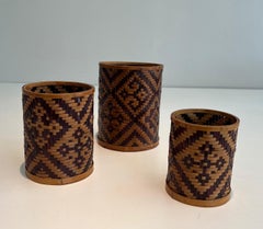 Set of 3 straw marquetry pen pots. Pots can fit into each other. French work.