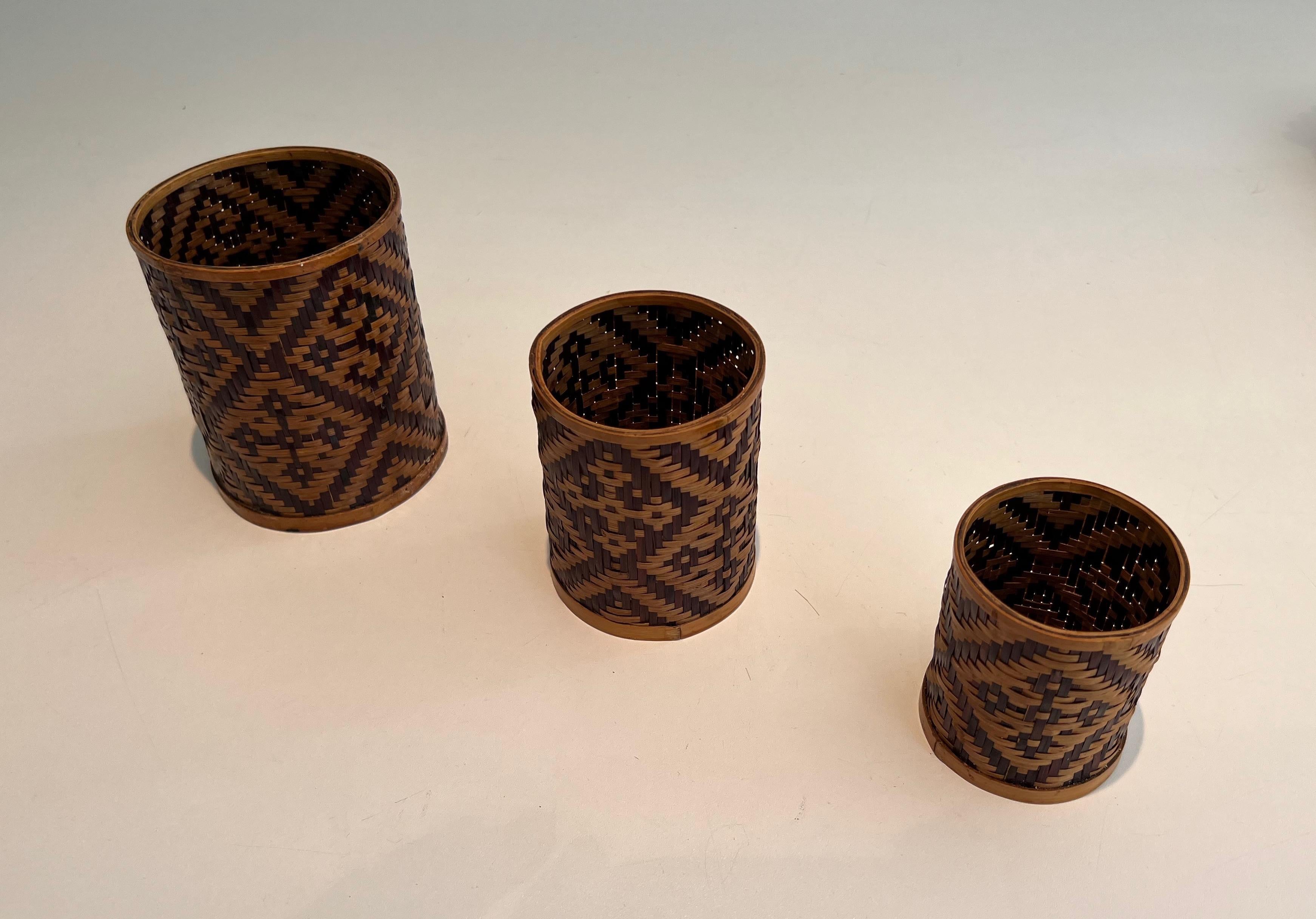 Art Deco Set of 3 straw marquetry pen pots. Pots can fit into each other. French work.