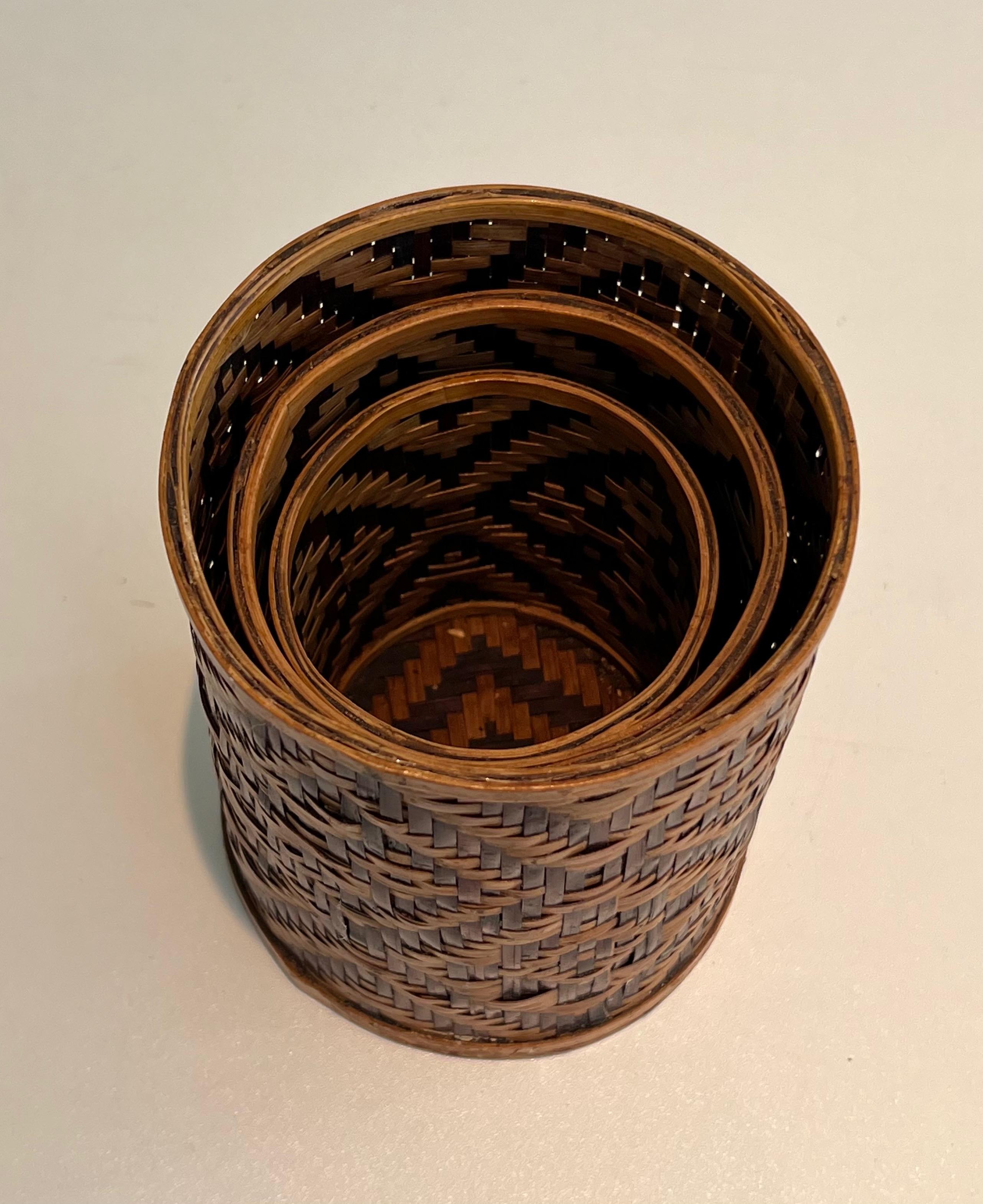 Mid-20th Century Set of 3 straw marquetry pen pots. Pots can fit into each other. French work.