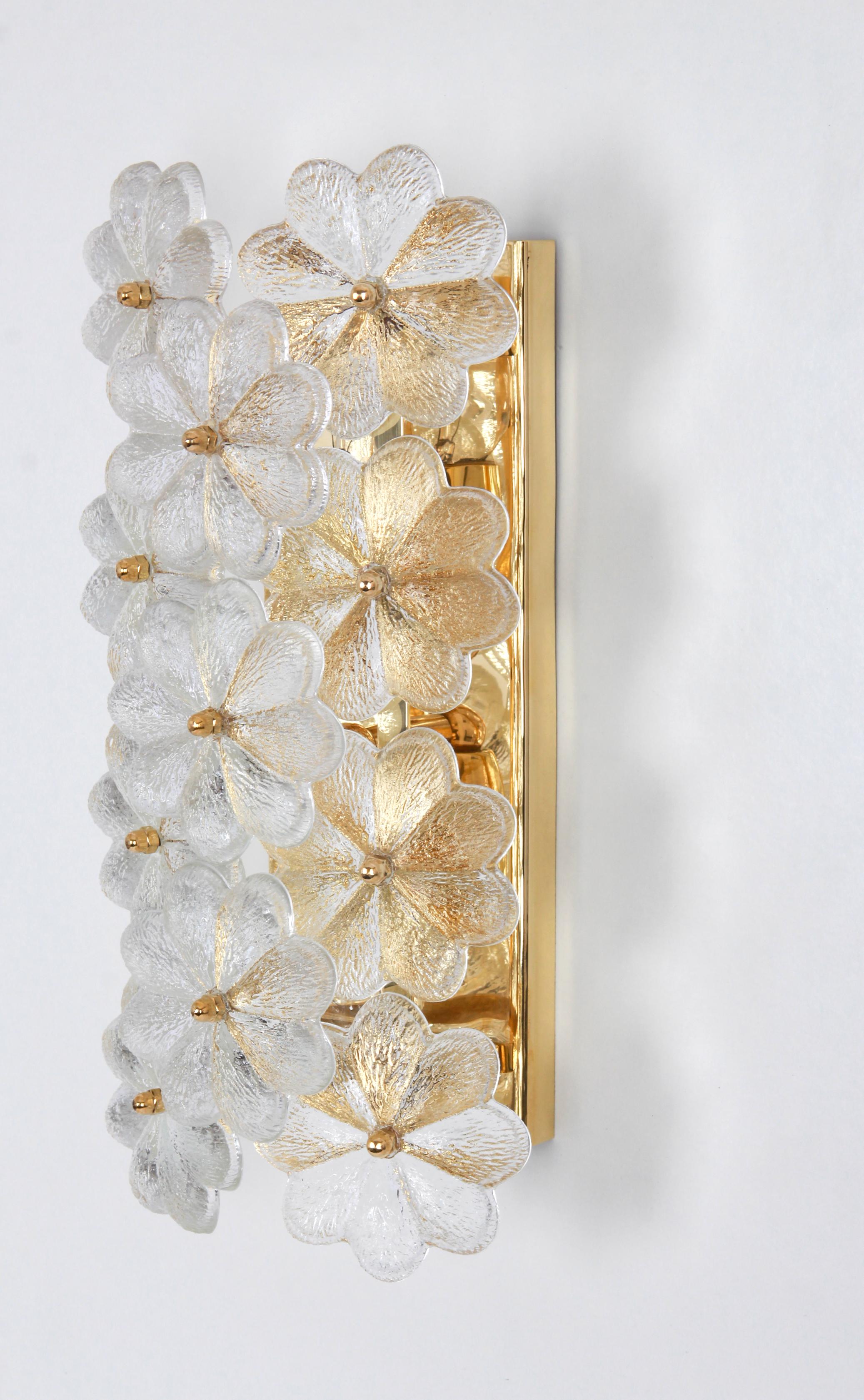 Mid-Century Modern Set of 3 Stunning Murano Glass Flower Wall Lights by Ernst Palme, Germany, 1970s