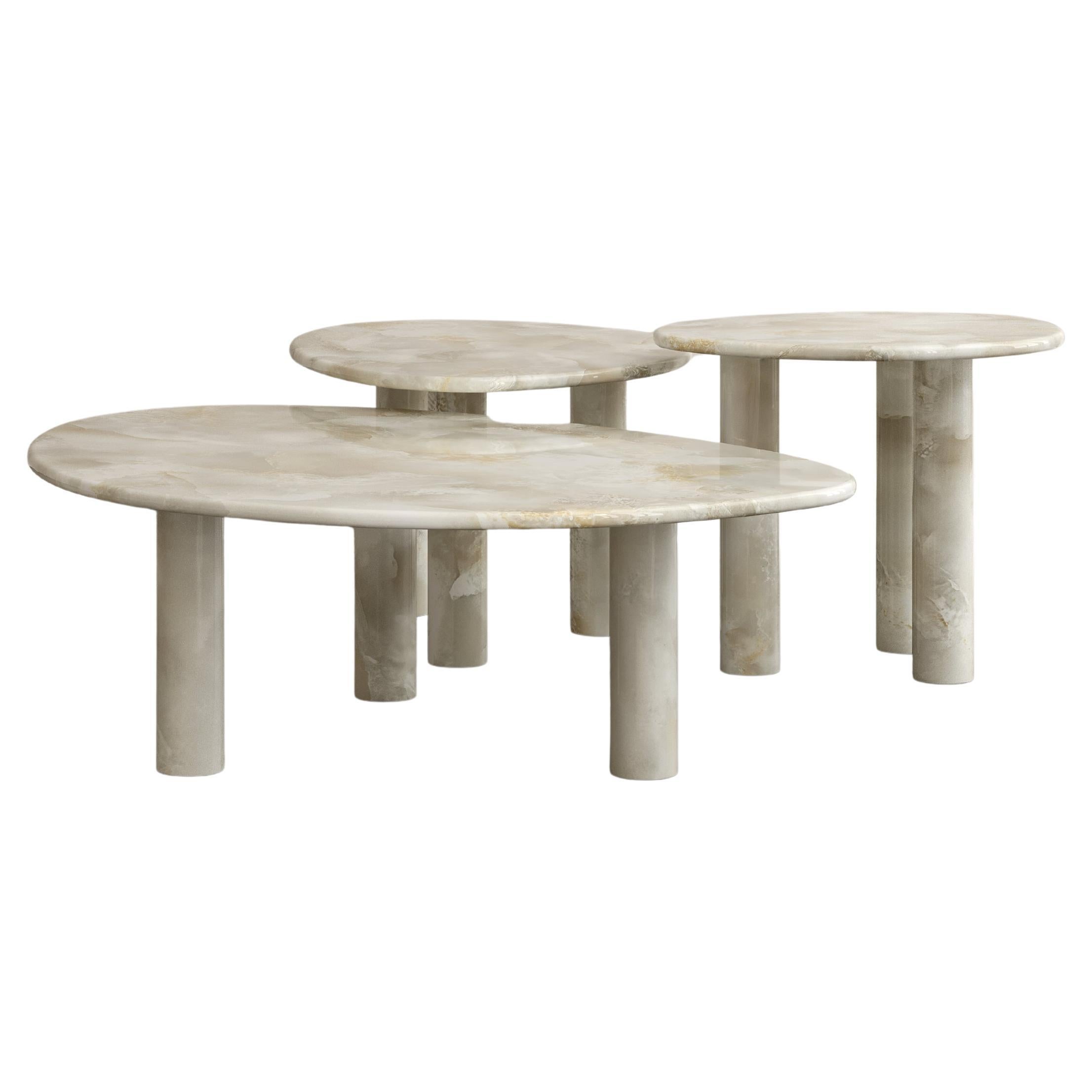 Set of 3 Sunpoet Coffee Tables in Carved Honed Bianco Onyx by Paloma Editions