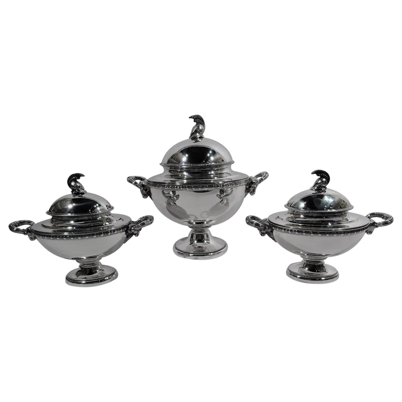 Set of 3 Super Stylish Early Tiffany Etruscan Revival Sterling Silver Tureens For Sale