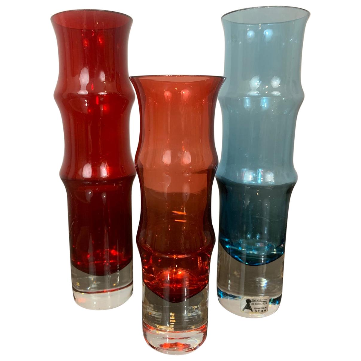 Set of 3 Swedish 'Aseda Glasbruk' Bamboo Shaped Glass Vases by Bo Borgstrom