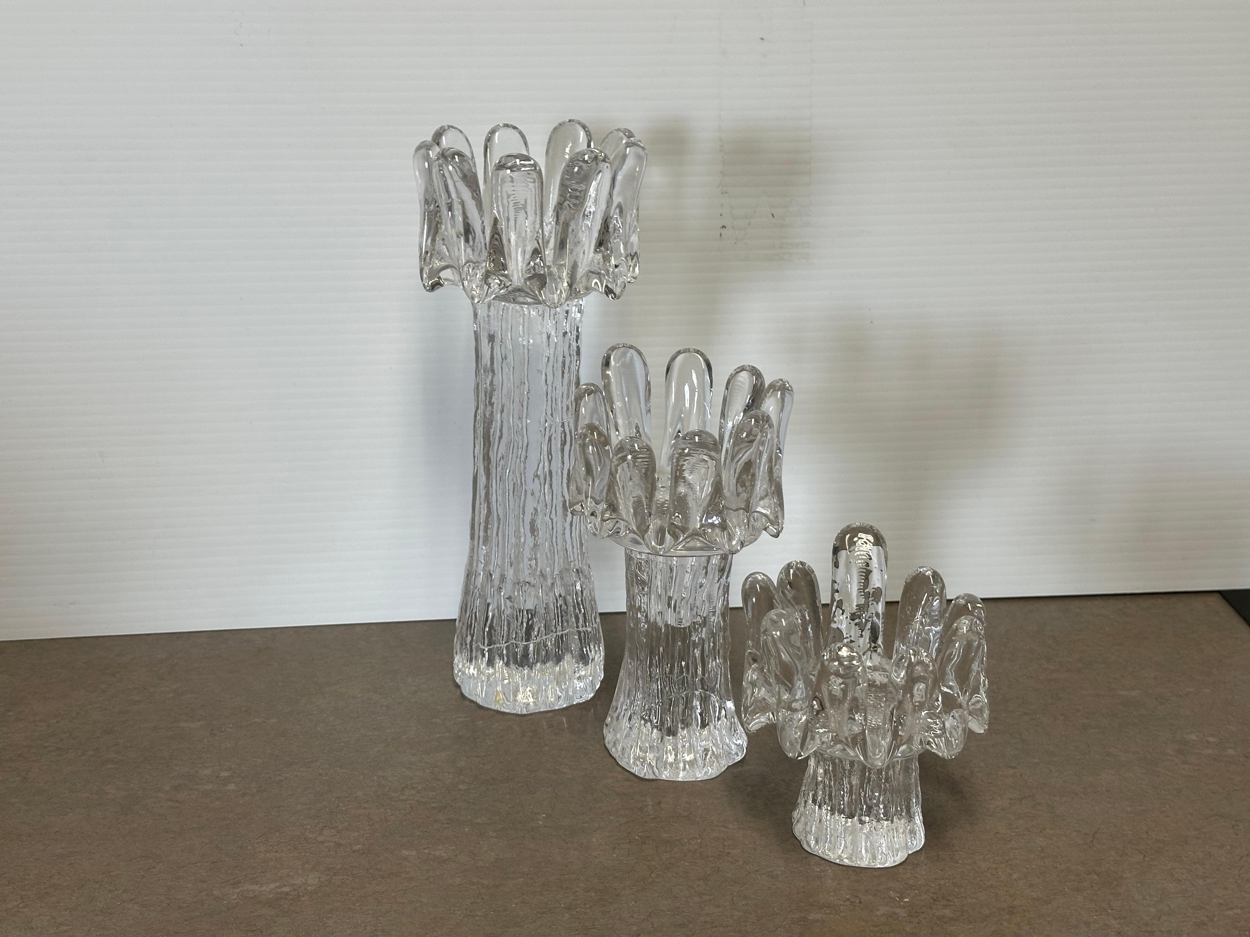 Set of 3 Swedish Crystal Sunflower Candlesticks by Göran Wärff for Kosta Boda For Sale 4