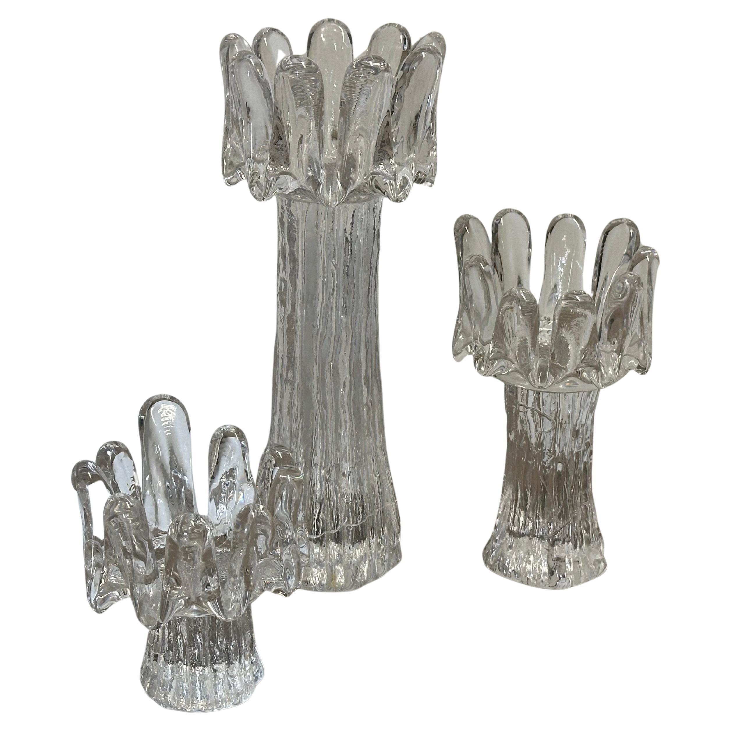 Set of 3 Swedish Crystal Sunflower Candlesticks by Göran Wärff for Kosta Boda For Sale 5