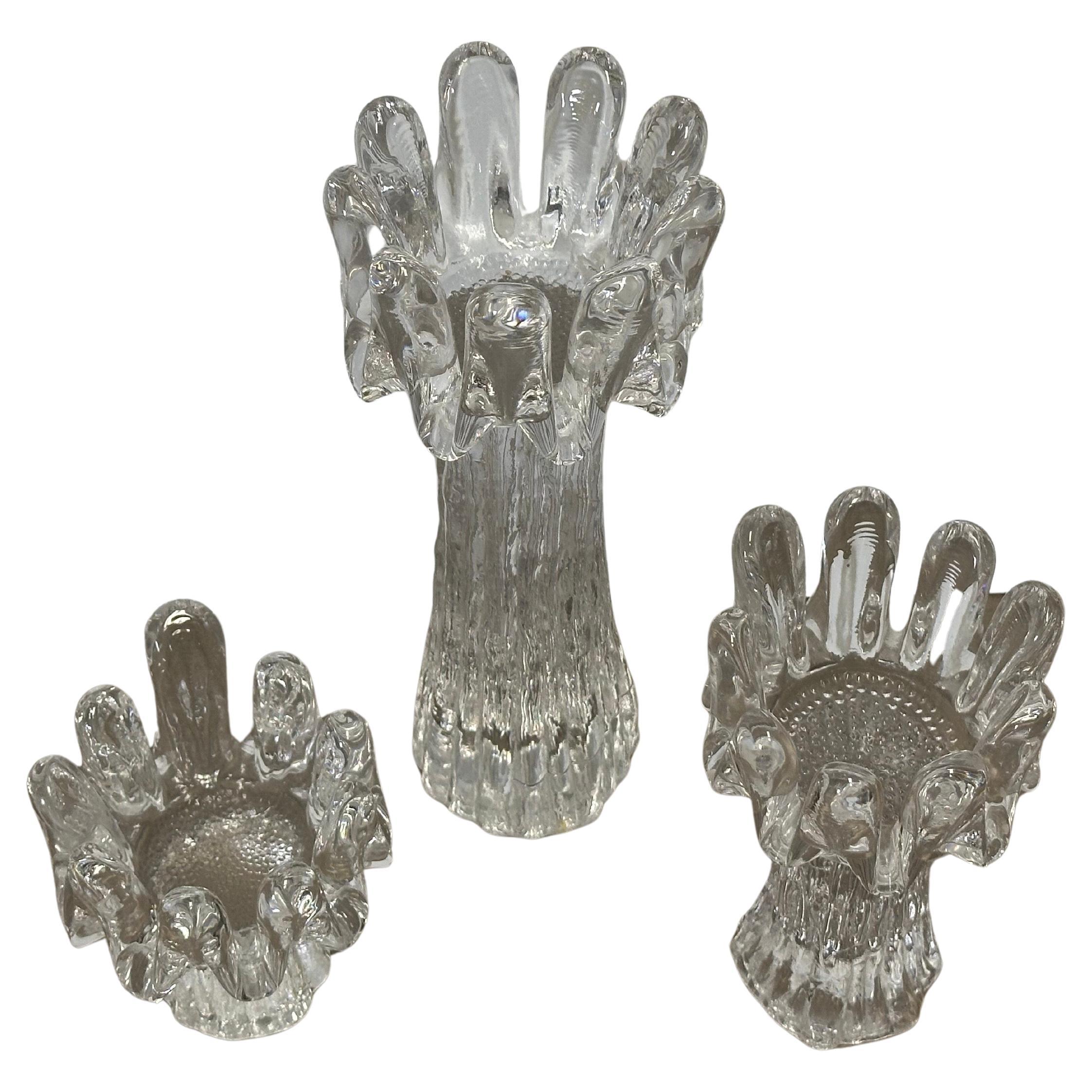 20th Century Set of 3 Swedish Crystal Sunflower Candlesticks by Göran Wärff for Kosta Boda For Sale