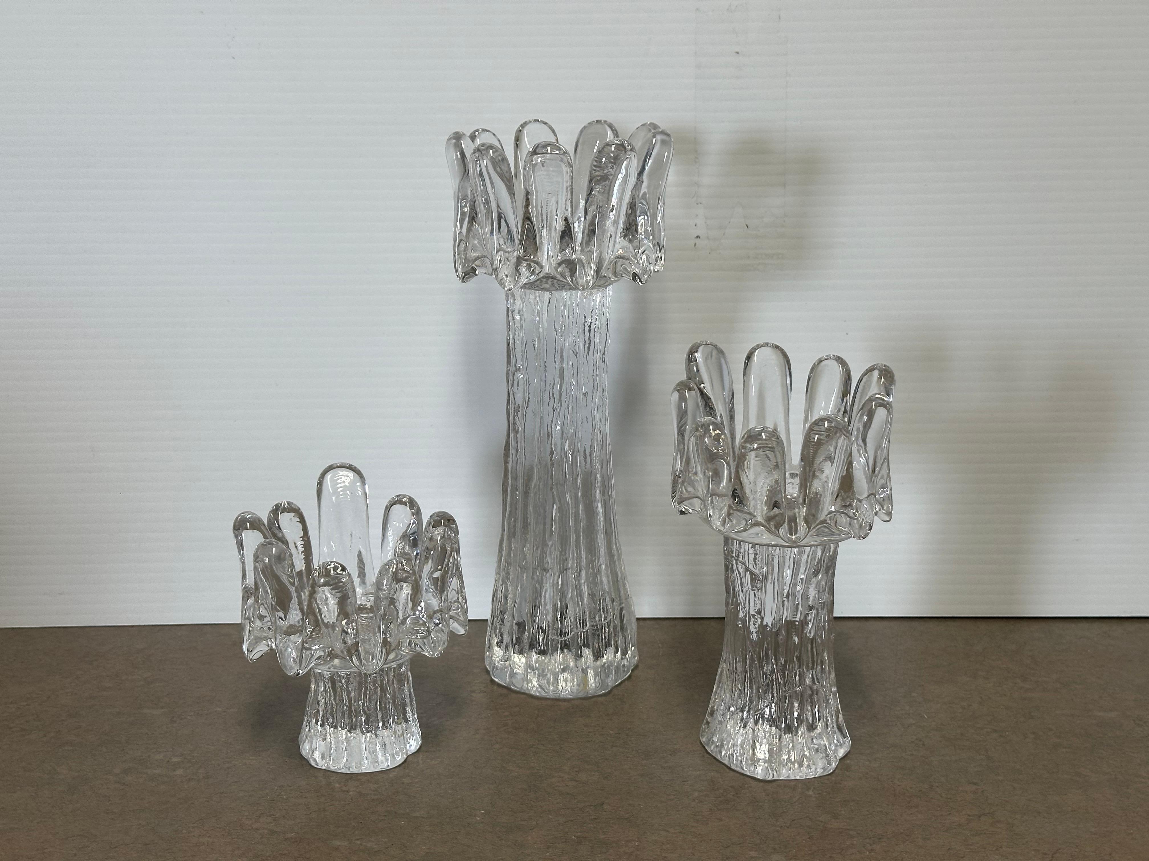 Set of 3 Swedish Crystal Sunflower Candlesticks by Göran Wärff for Kosta Boda For Sale 3