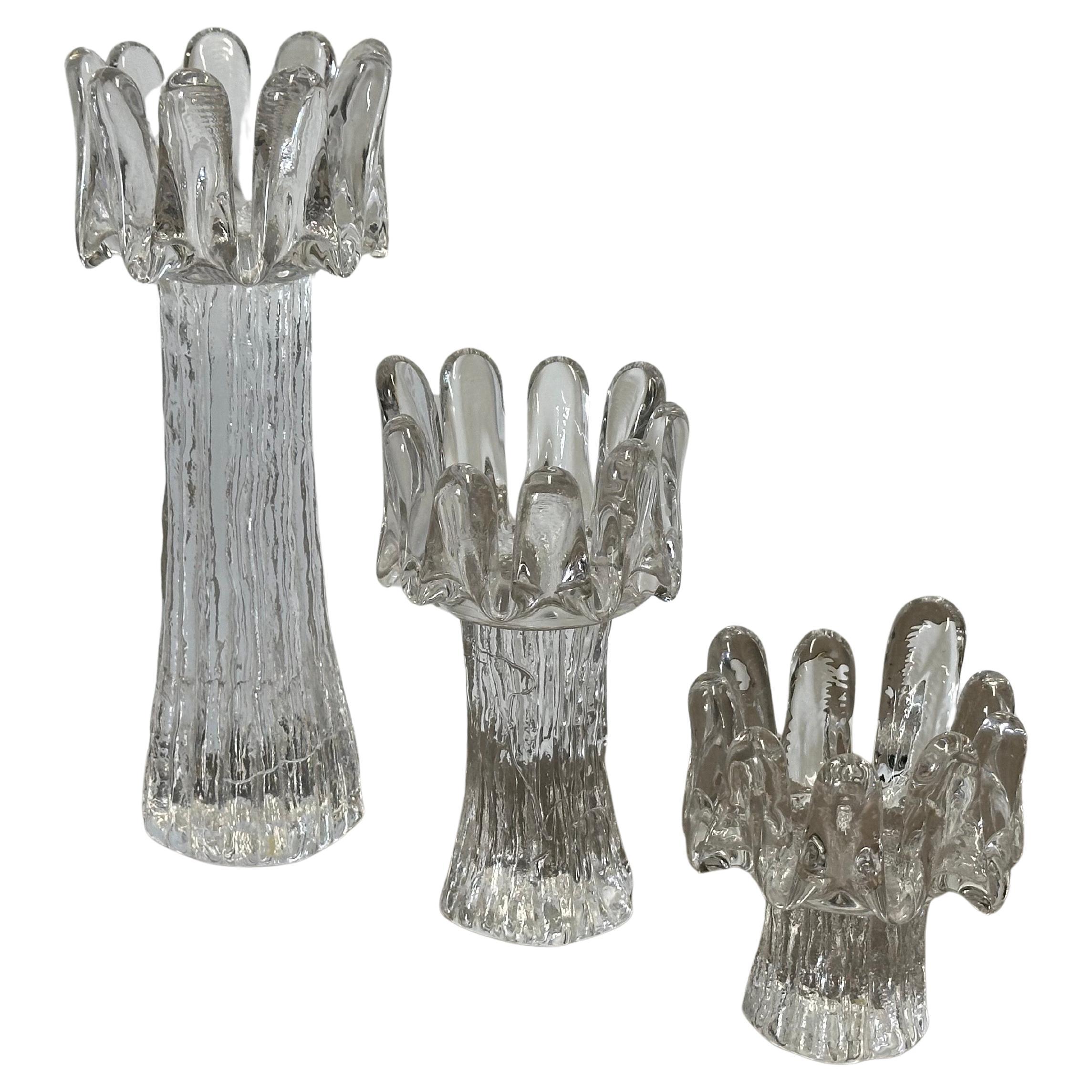 Set of 3 Swedish Crystal Sunflower Candlesticks by Göran Wärff for Kosta Boda For Sale