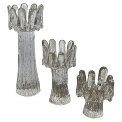 Set of 3 Swedish Crystal Sunflower Candlesticks by Göran Wärff for Kosta Boda