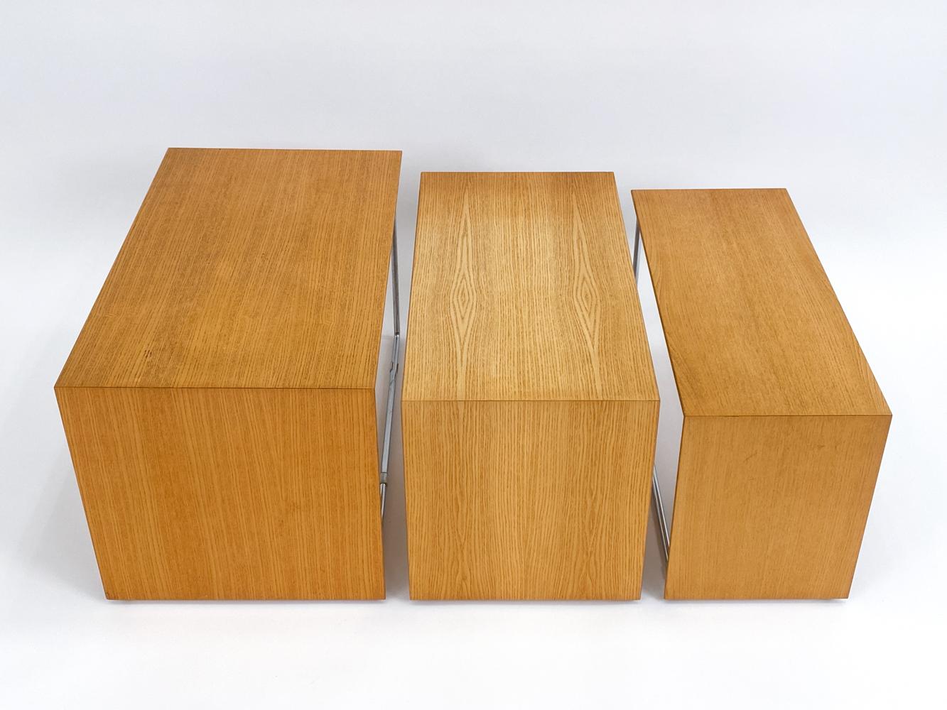Set of (3) Swedish Mid-Century Marcel Breuer-Style Oak & Chrome Nesting Tables For Sale 6