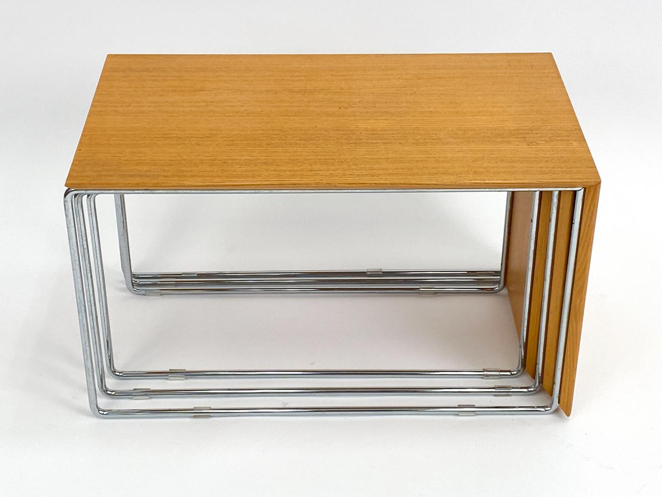 Set of (3) Swedish Mid-Century Marcel Breuer-Style Oak & Chrome Nesting Tables For Sale 8