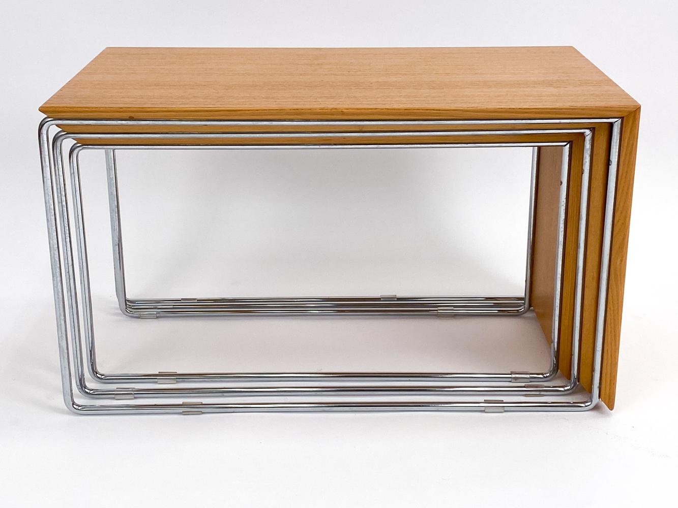 Set of (3) Swedish Mid-Century Marcel Breuer-Style Oak & Chrome Nesting Tables For Sale 9