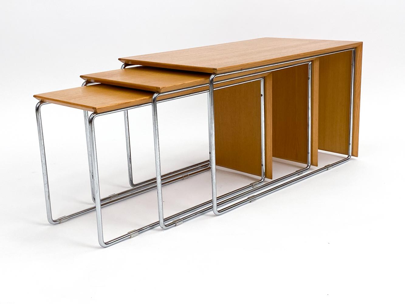 Scandinavian Modern Set of (3) Swedish Mid-Century Marcel Breuer-Style Oak & Chrome Nesting Tables For Sale