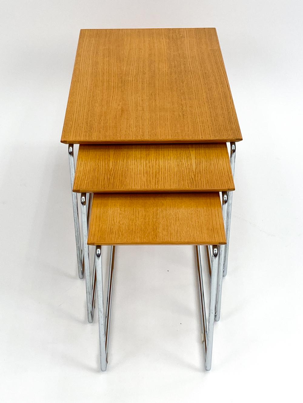 20th Century Set of (3) Swedish Mid-Century Marcel Breuer-Style Oak & Chrome Nesting Tables For Sale