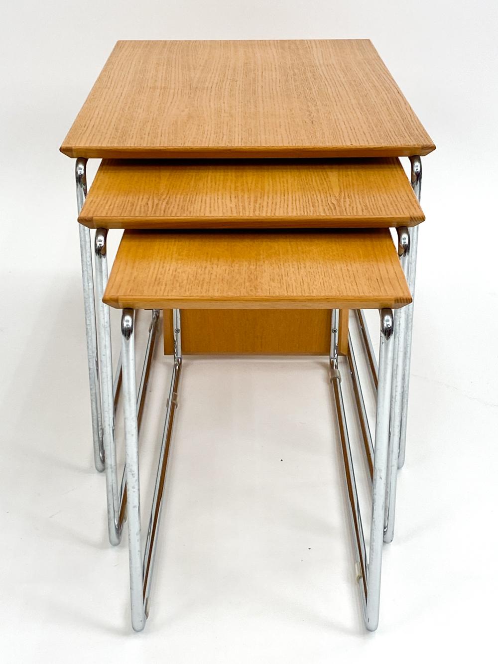 Set of (3) Swedish Mid-Century Marcel Breuer-Style Oak & Chrome Nesting Tables For Sale 1