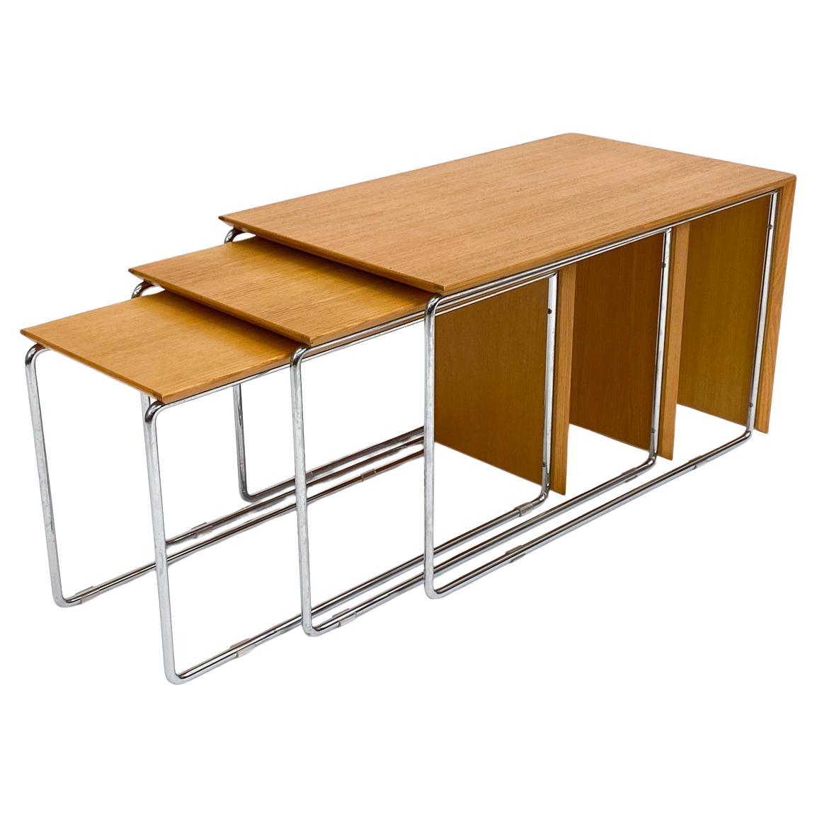 Set of (3) Swedish Mid-Century Marcel Breuer-Style Oak & Chrome Nesting Tables