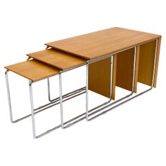 Set of (3) Swedish Mid-Century Marcel Breuer-Style Oak & Chrome Nesting Tables