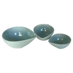 Set of 3 Swedish Modern Fire King Delphite Blue Teardrop Mixing Bowls, 1950s