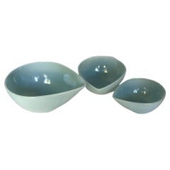 Retro Set of 3 Swedish Modern Fire King Delphite Blue Teardrop Mixing Bowls, 1950s