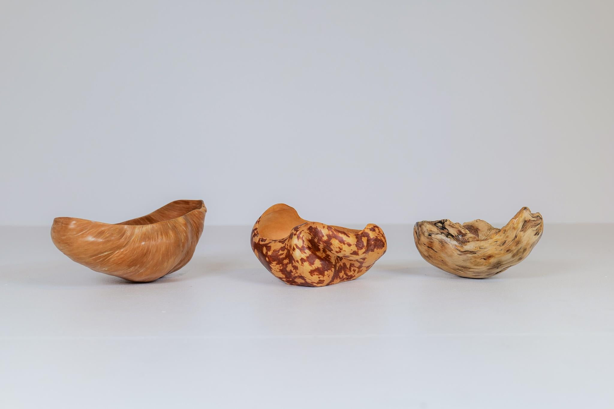 Hand-Carved Set of 3 Swedishs Folk Art Organic Burl Bowls, circa 1960-1970s For Sale