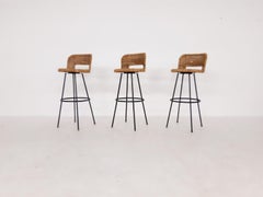 Set of 3 Swivel Rattan and Metal Bar Stools, 1960s