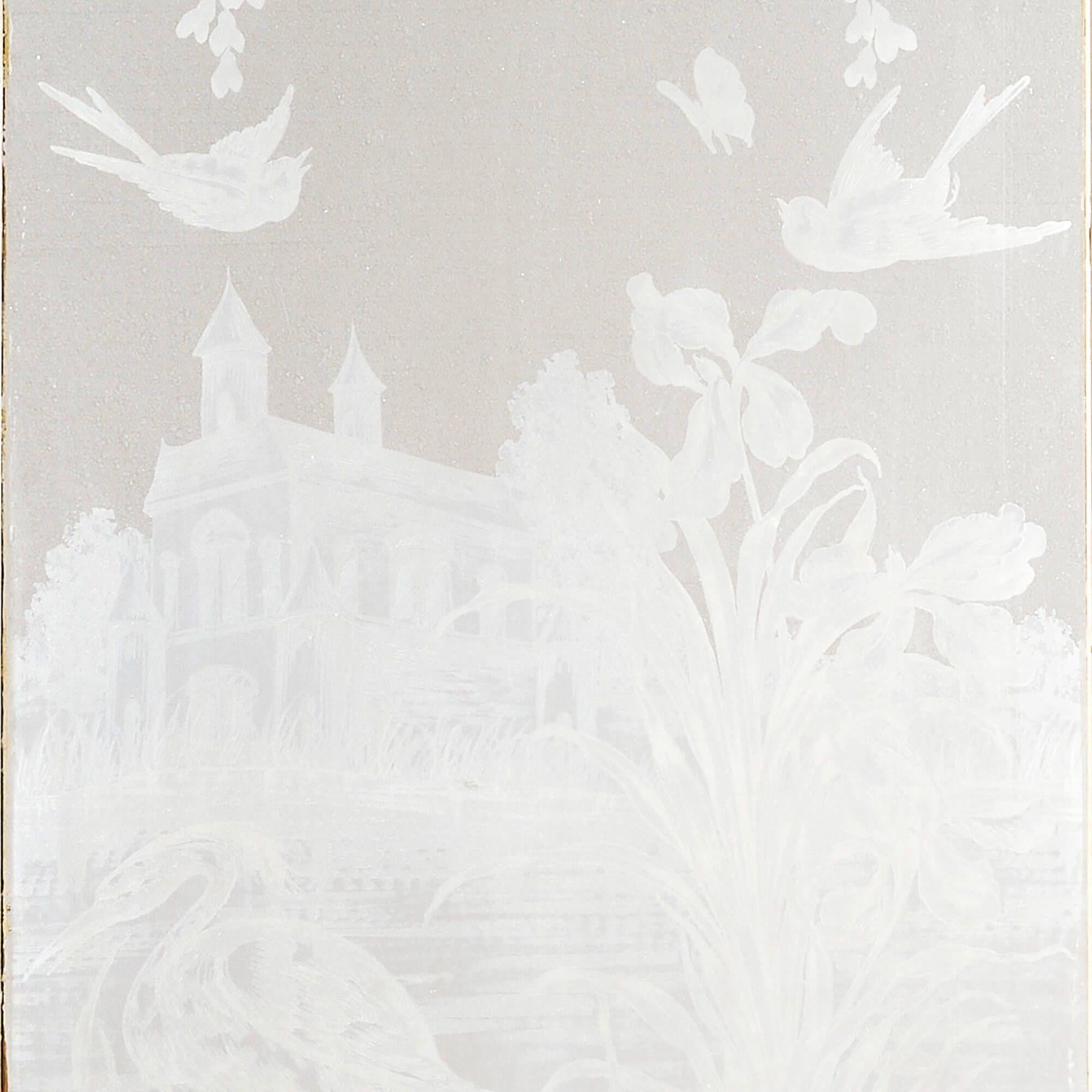 A set of 3 antique acid etched glass doors artistically glazed with an idyllic riverbank scene with birds, crane, foliage, flowers and a church to the central pane. Constructed from pine, the doors are currently finished with old paint which is