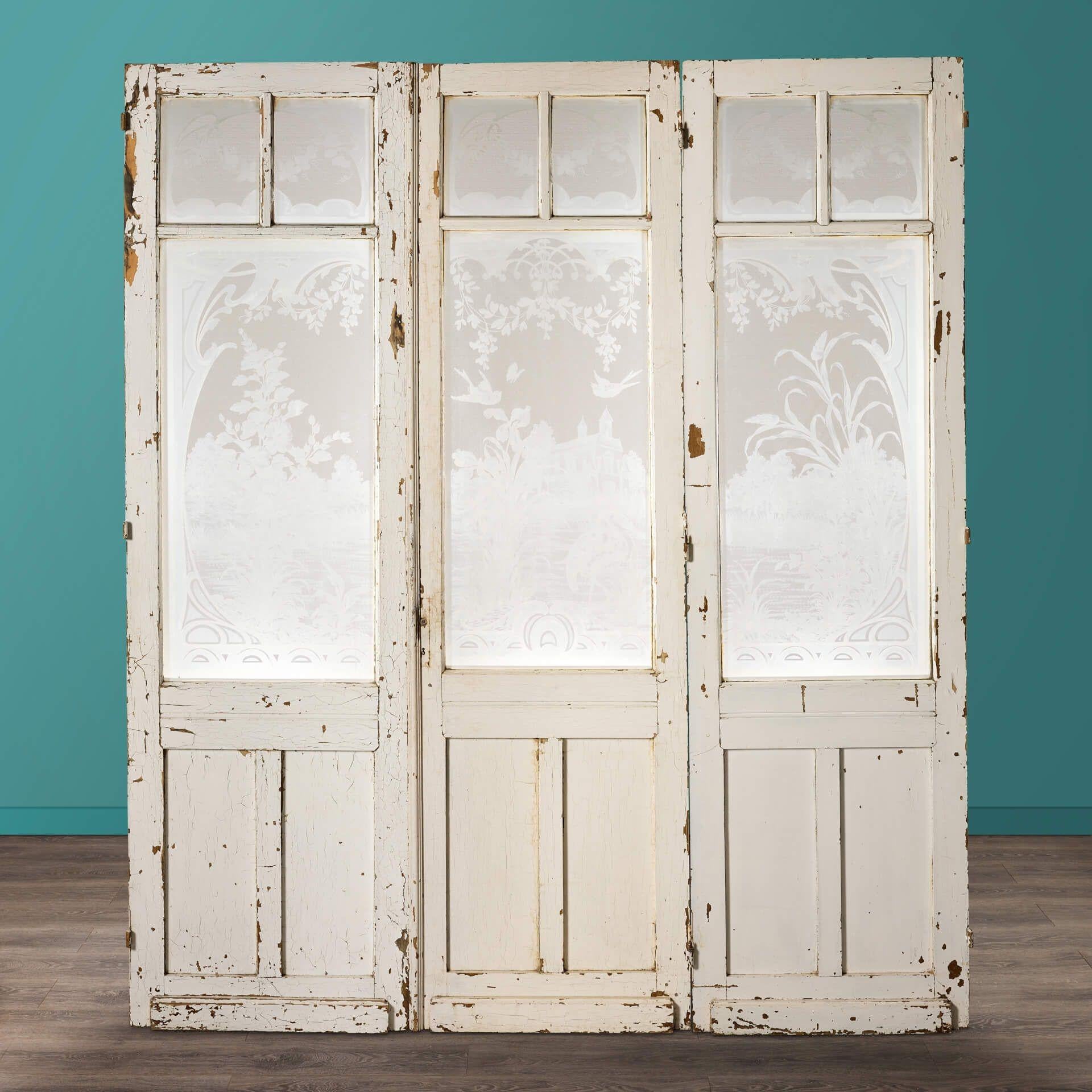 Glass Set of 3 Tall Antique Acid Etched Glazed Doors For Sale
