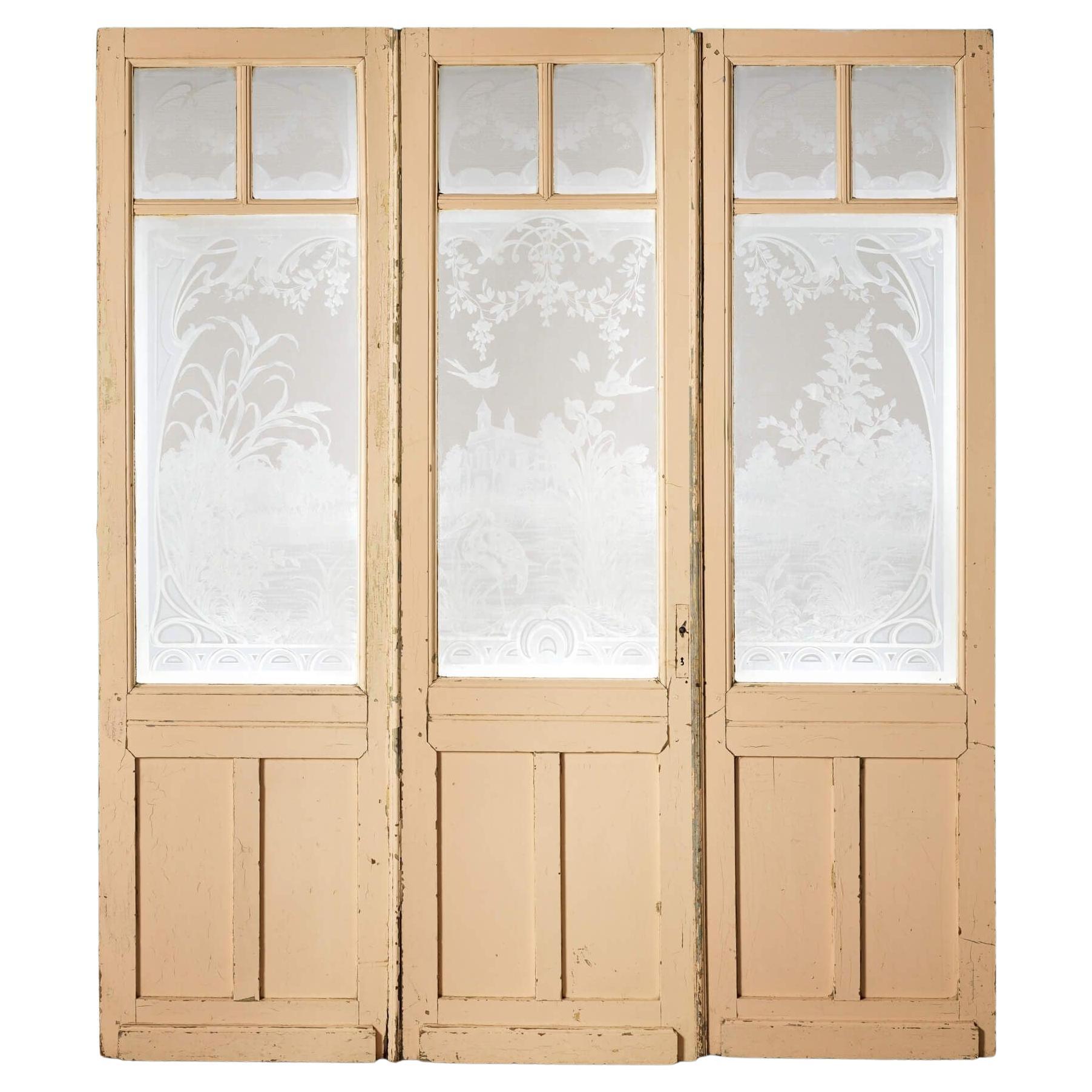 Set of 3 Tall Antique Acid Etched Glazed Doors For Sale