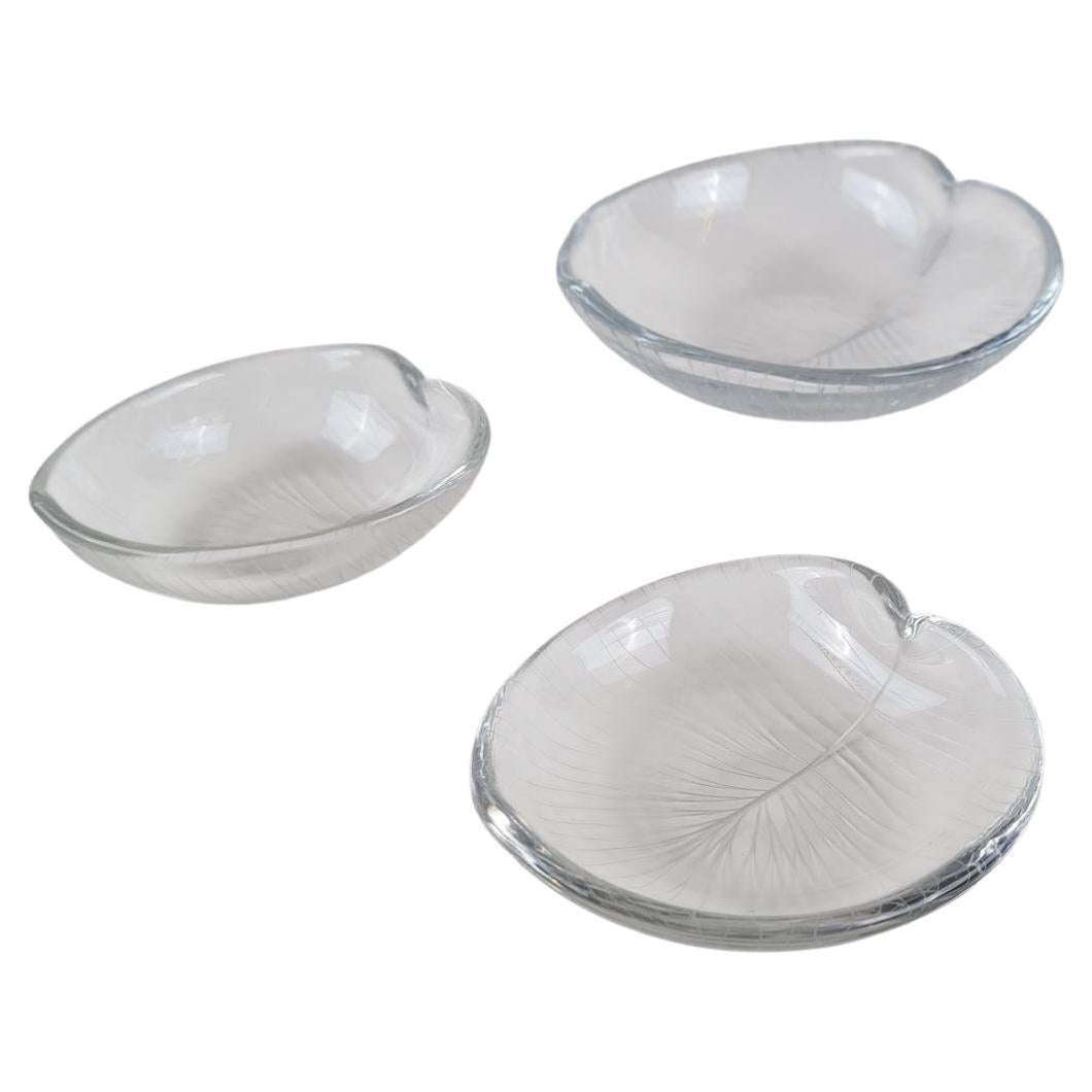 Juego de 3 piezas de arte en vidrio "Hoja" grabadas Tapio Wirkkala, Iittala Años 50
