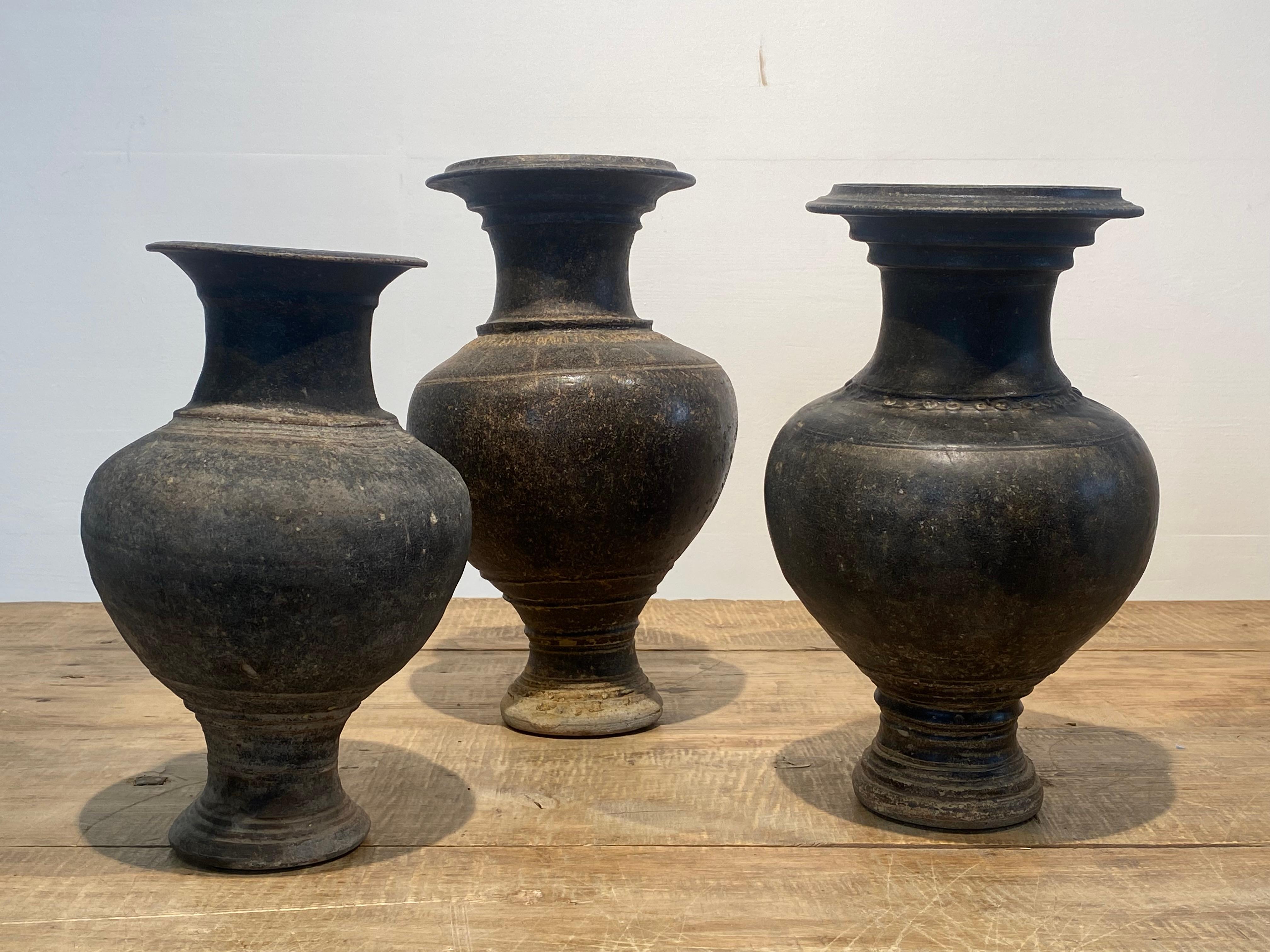 Cambodian Set of 3 Terracotta Khmer Vases For Sale