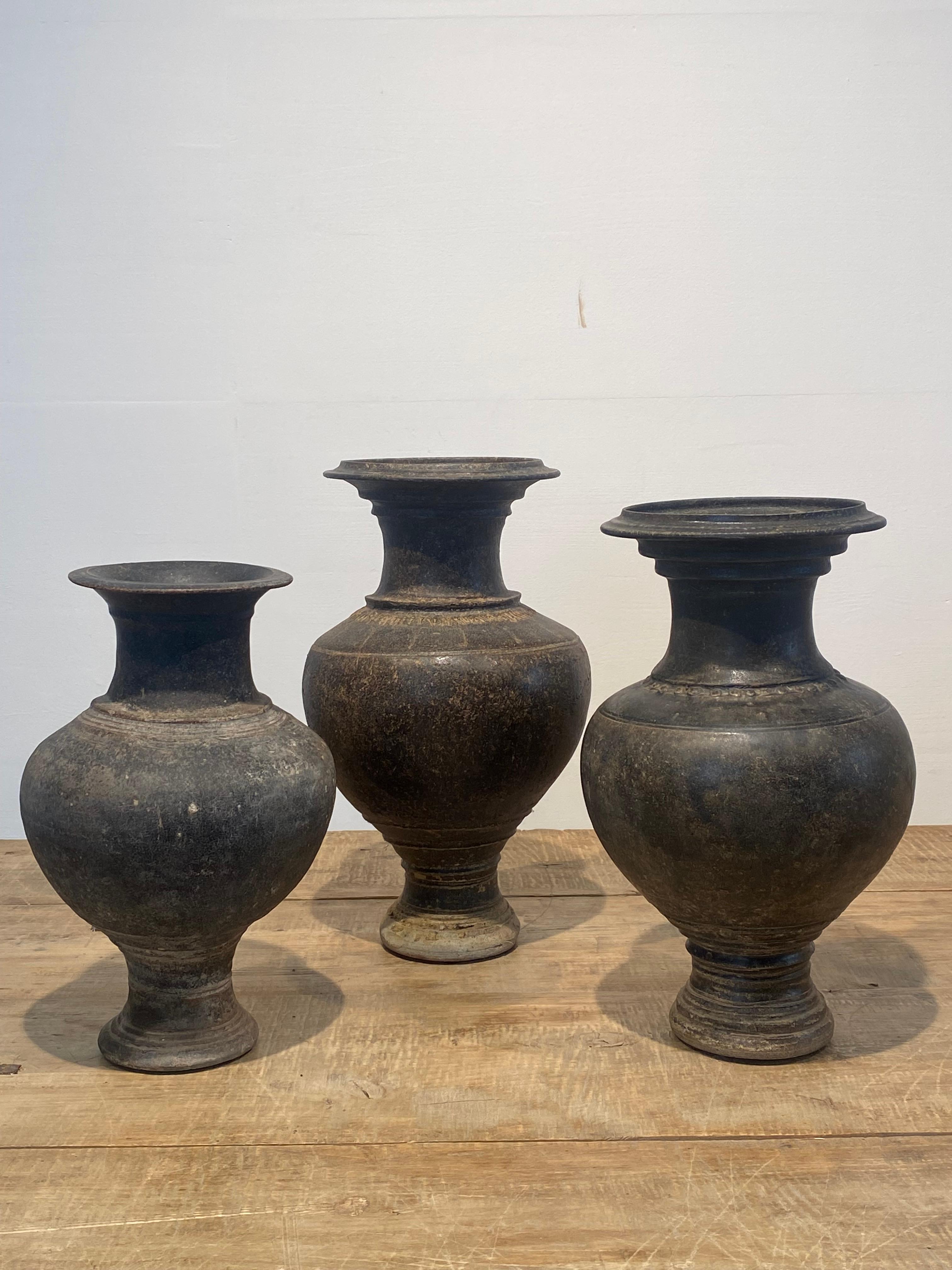 Hand-Painted Set of 3 Terracotta Khmer Vases For Sale