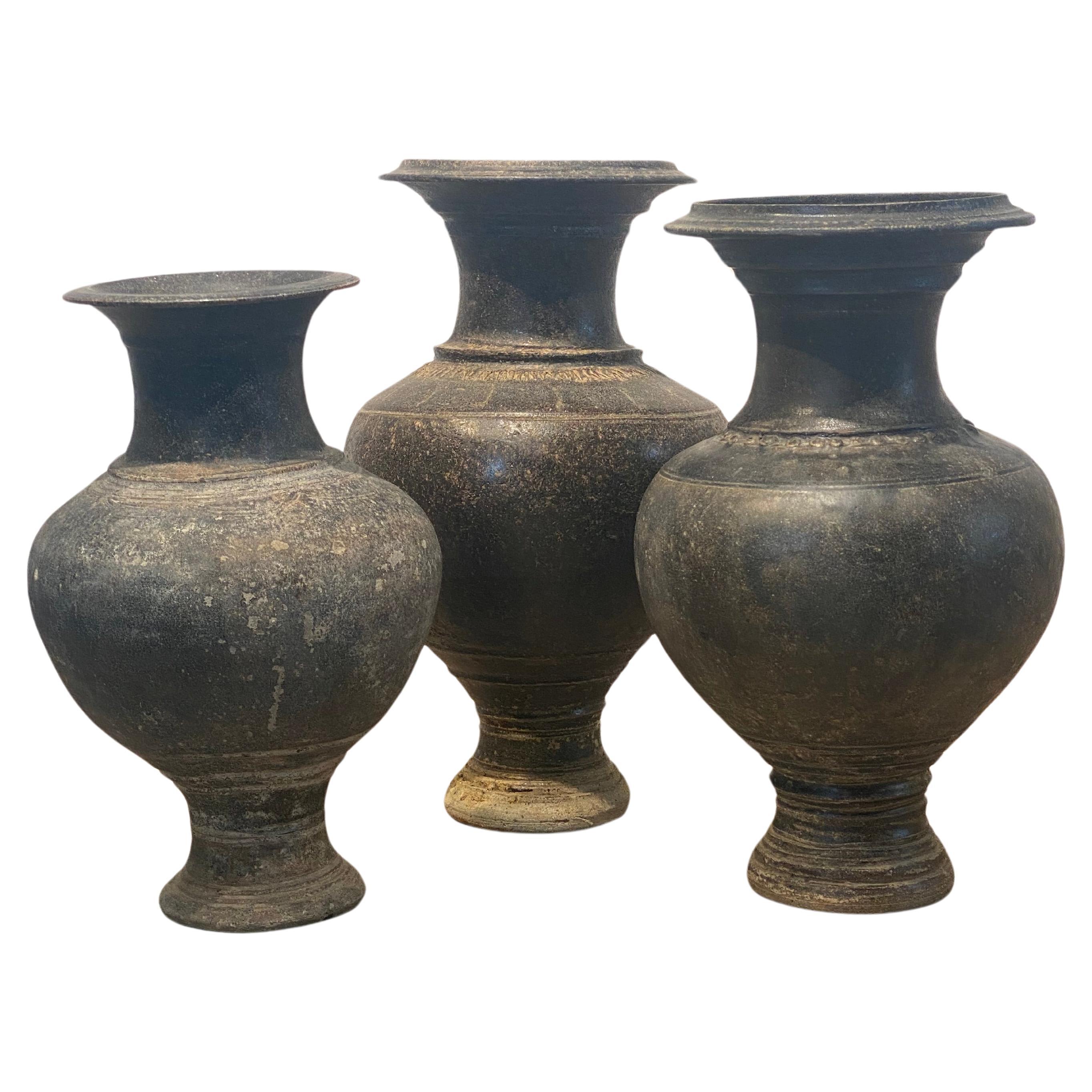 Set of 3 Terracotta Khmer Vases For Sale