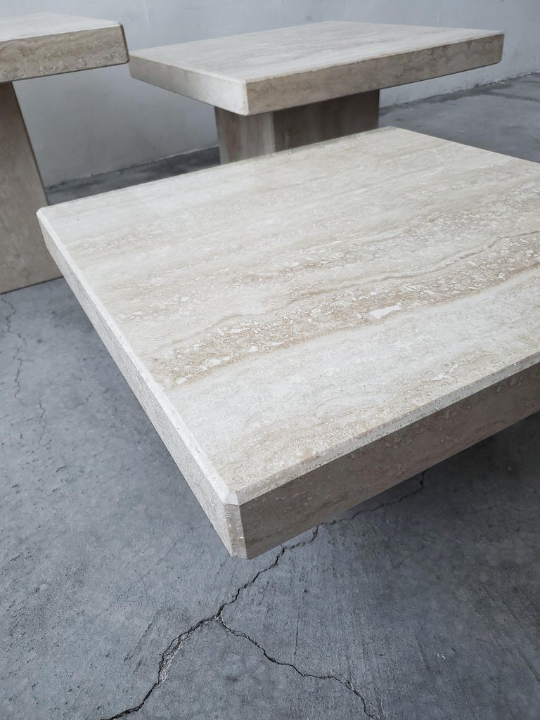 Set of 3 Tiered Italian Travertine Bunching Coffee Tables For Sale at
