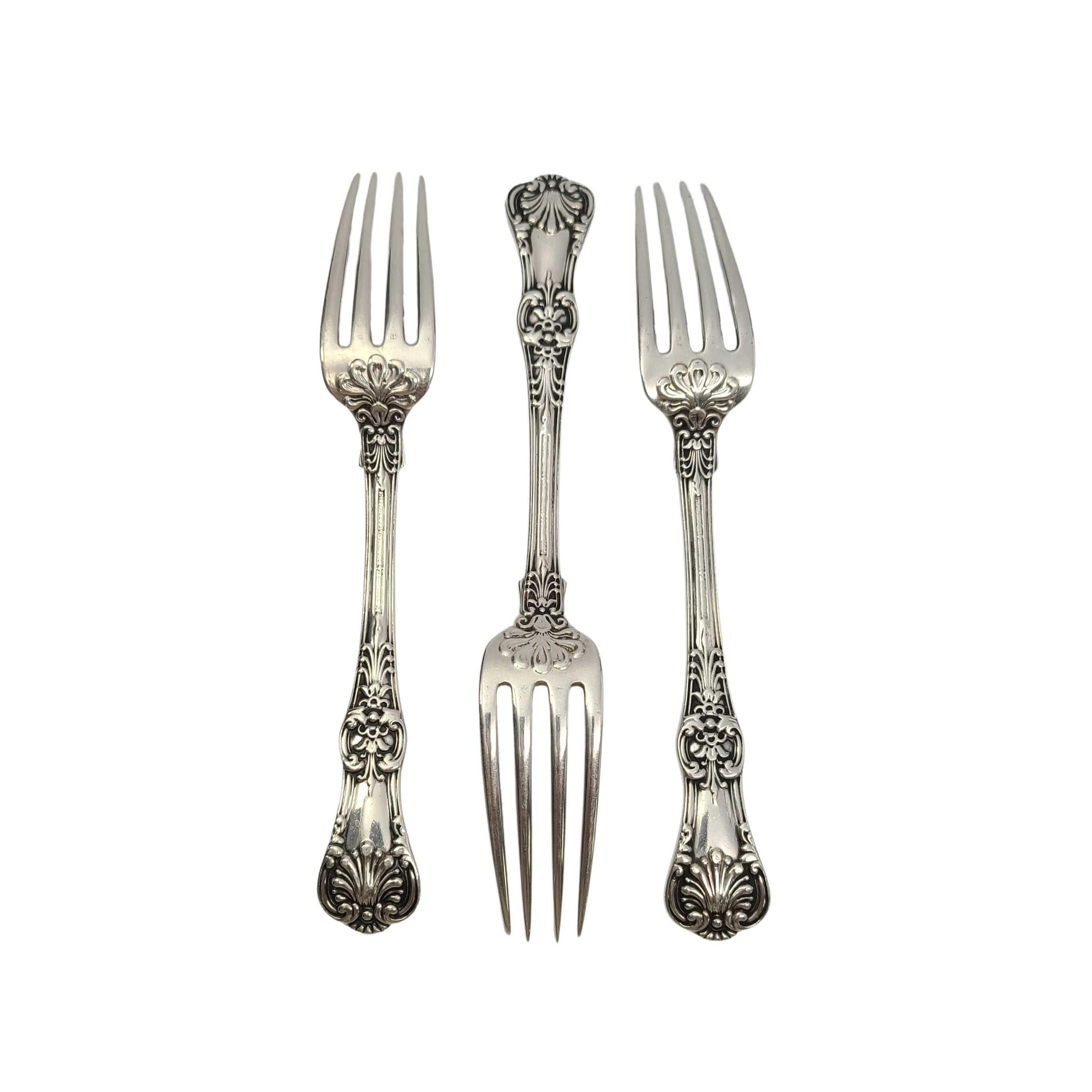 Set of 3 antique sterling silver forks by Tiffany & Co in the English King pattern.

Monogram is very faded, appears to be M (see photos).

Beautiful smaller forks in Tiffany's intricate and decorative version of a King pattern which were very