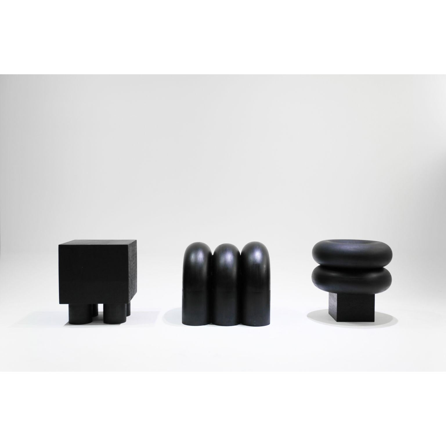 Set of 3 Time of Action by Chaeyoung Lee
Materials: Ebonized and Carved Wood
Dimensions: 100 x 100 x 50 cm

Time of Action is a minimal and carefully crafted furniture collection created by South Korean-based designer Chaeyoung Lee.
Time of