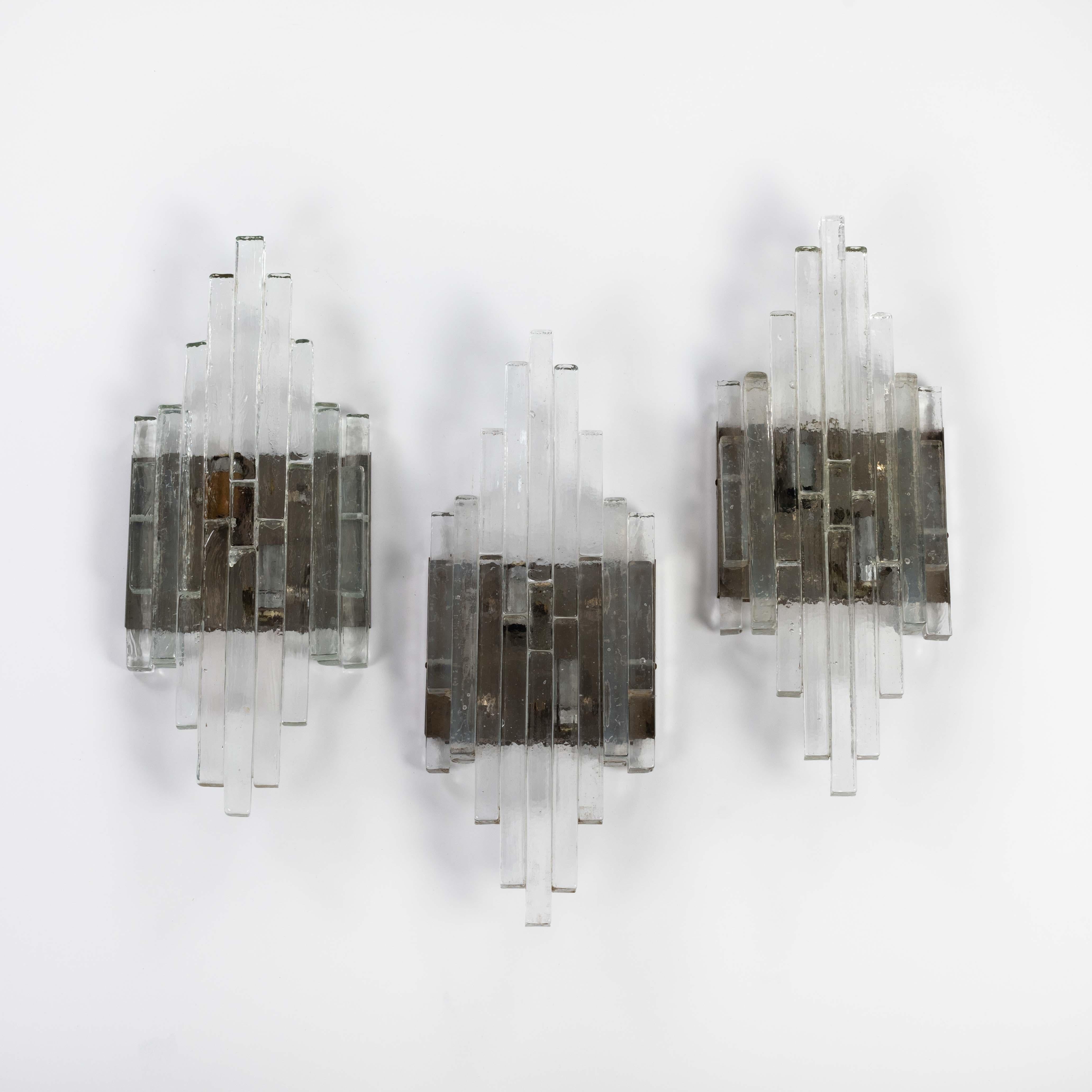 Set of 3 Tired Clear Murano Glass Wall Sconces by Albano Poli Italy 1960s For Sale 5